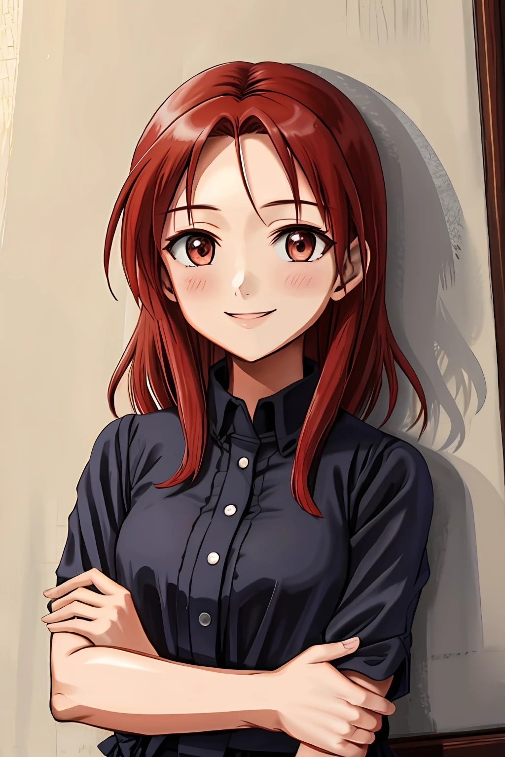 Minna, red_hair, portrait, upper body, smile, casual dress