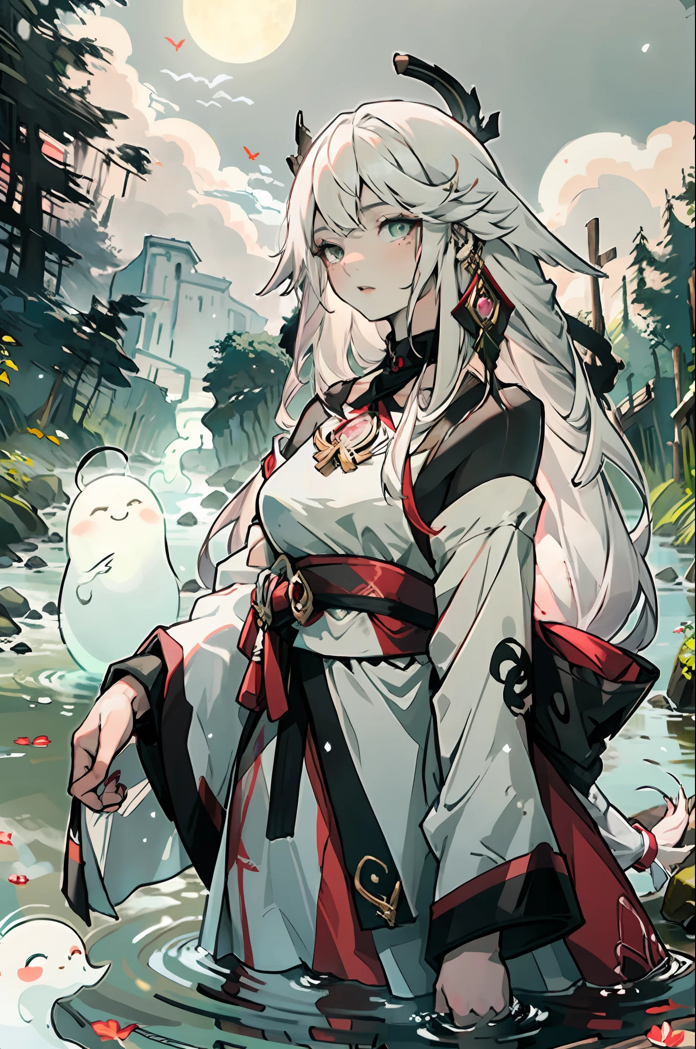 masterpiece, best quality,1girl,  long white hair, long hair, white hair, chalk white skin, pale skin, moonlight, river, moonlight on river, red markings, pale green eyes, floating, spirit, ghost, beautiful girl, low exposure, pale green eye color