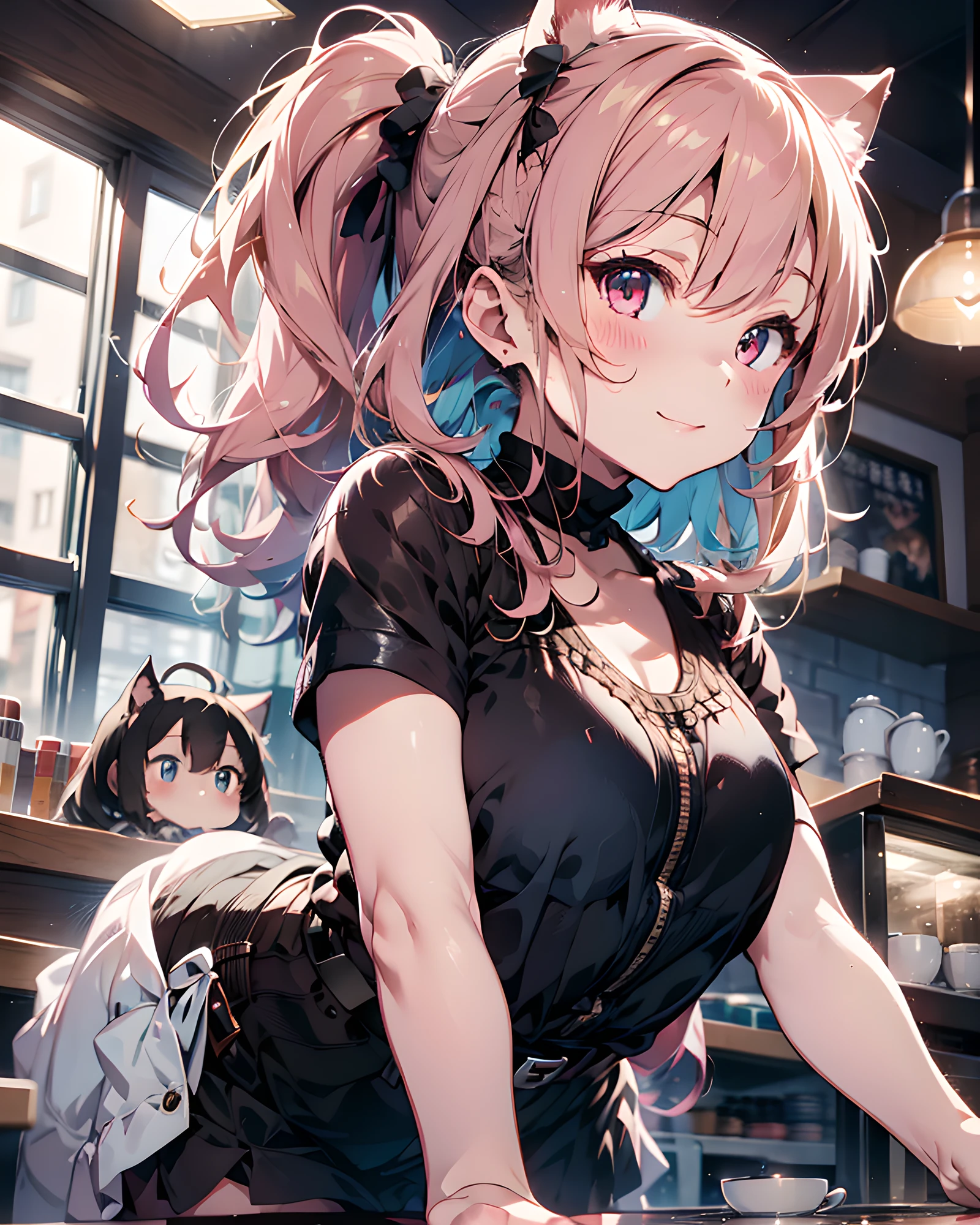 Anime style illustration, highres, ultra detailed, (1girl:1.3), (dynamic pose):1.0 BREAK, cowboy image, top angle, ((1 extremely cute and pretty cafe girl standing at counter in coffee shop)), cashier, wearing a underboob cut-out pink latex bodysuit, belt clothes, she has sandy-blonde pony-tail hair style, blue hair ribbons, cat-ear head set, gigantic-breasted, slender, abs, chibi-character, 6 life size, detailed clothes, detailed body, detailed arms, human hands, detailed hands, blush, ashamed, light smile, happy, ,light smile, closed mouth, pink lip stick, surprised, looking the viewer, facing the viewer, pretty model posing, extremely leaning forward against the viewer, hands on stomach, studio soft light, cinematic light, detailed background, symmetrical, hyperrealistic, highly detailed, intricate, very smooth, sharp focus, redshift render, 8K, realistic, ultra-realistic, masterpiece,