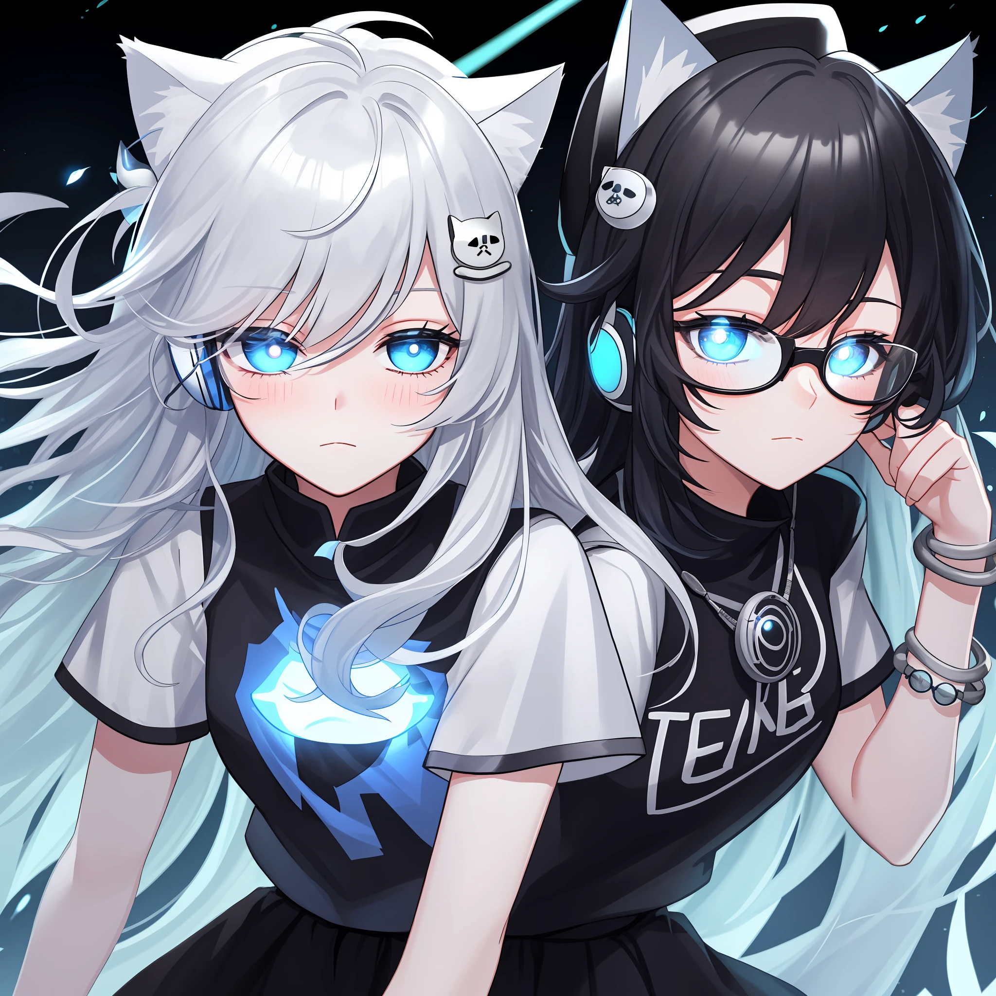 Black and white T-shirt，a skirt，Bracelet，black hair ornament，Silver blue hair，Blushlush，Semi-closed Eyes，Glowing blue eyes，Black hat，cat ear，Earphone，portraitures，Long flowing hair，Bangs and eyes，eye glass