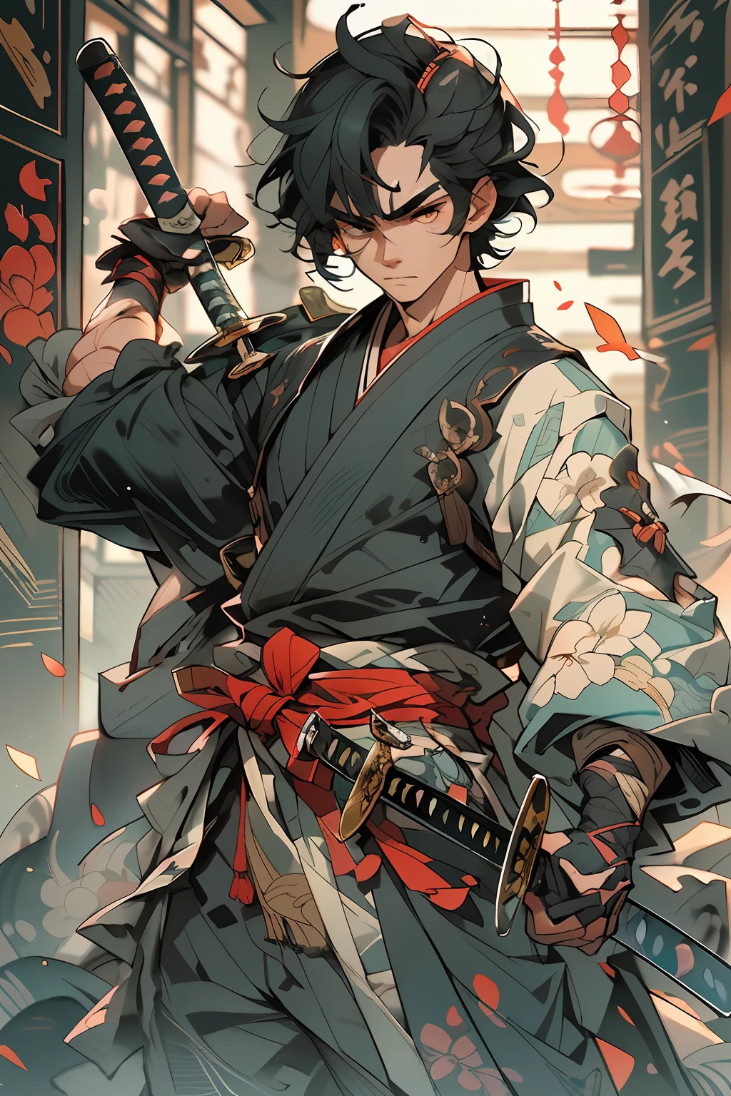 (close-up:1.1),upper body,weapon, 1boy, male focus, sword, solo, japanese clothes, holding, holding weapon, katana, holding sword, sheath, , , long sleeves, , haori, , hakama, kimono, sheathed,,
Architectural background
,,