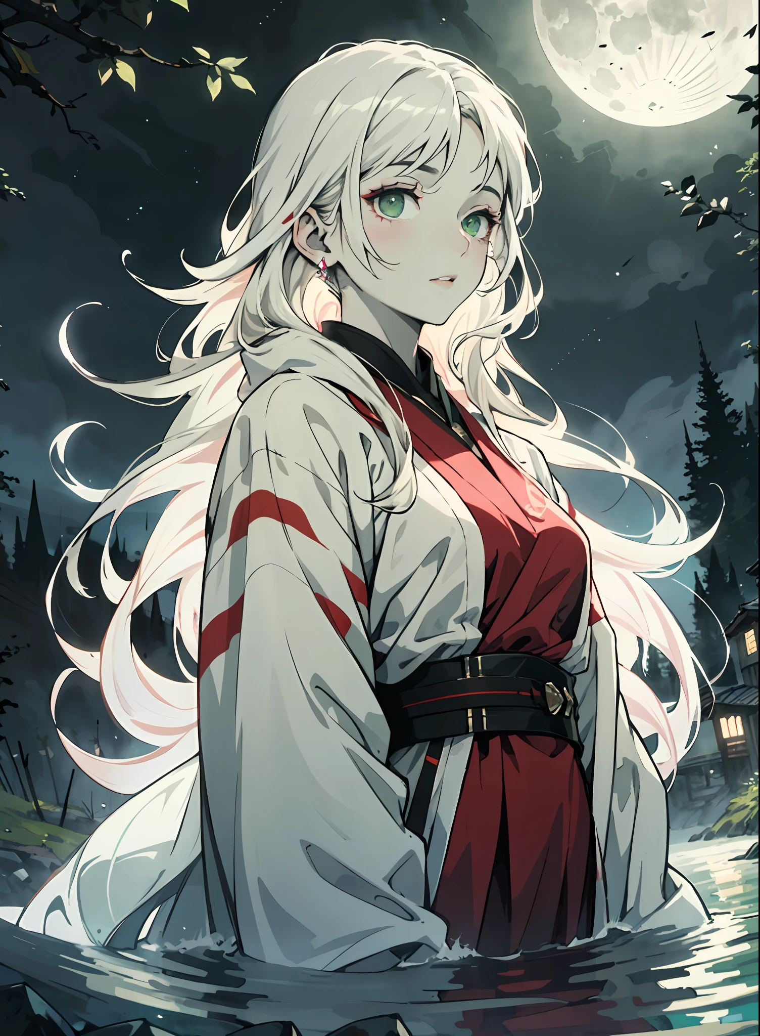 masterpiece, best quality,1girl,  long white hair, long hair, white hair, chalk white skin, pale skin, moonlight, river, moonlight on river, red markings, pale green eyes, floating, spirit, ghost, beautiful girl, low exposure, pale green eye color, night sky