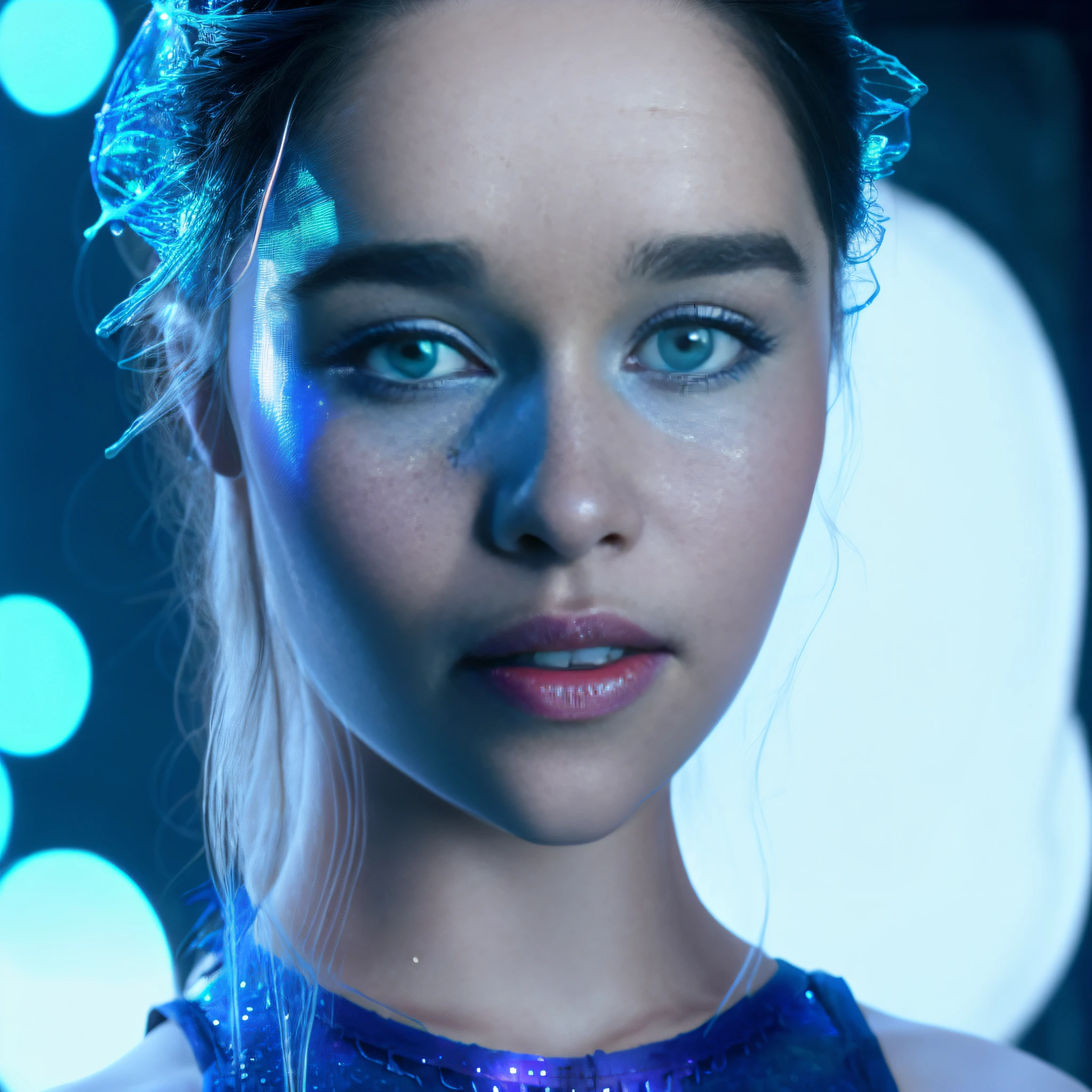 Emilia Clarke in einem Netzbody im Regen mit einem nassen Hintergrund aus Wassertropfen, schönes detailreiches hellblau_Augen, verschwitzt, (Glänzende Haut:1.0), (Extrem detailliert:1.3), Neonlicht und Neonhintergrund,