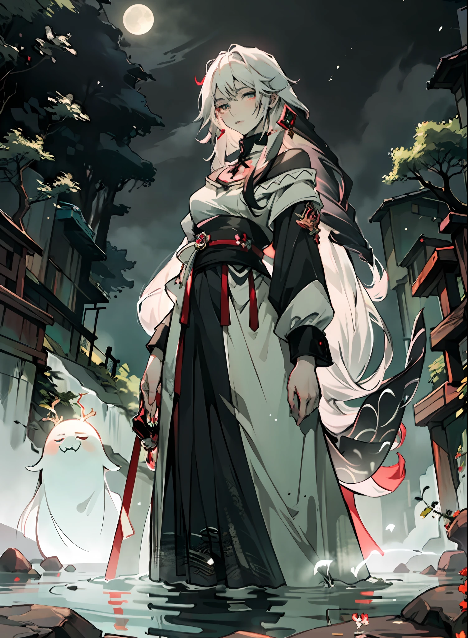 masterpiece, best quality,1girl,  long white hair, long hair, white hair, chalk white skin, pale skin, moonlight, river, moonlight on river, red markings, pale green eyes, floating, spirit, ghost, beautiful girl, low exposure, pale green eye color, night sky, standing tall, tall, standing straight