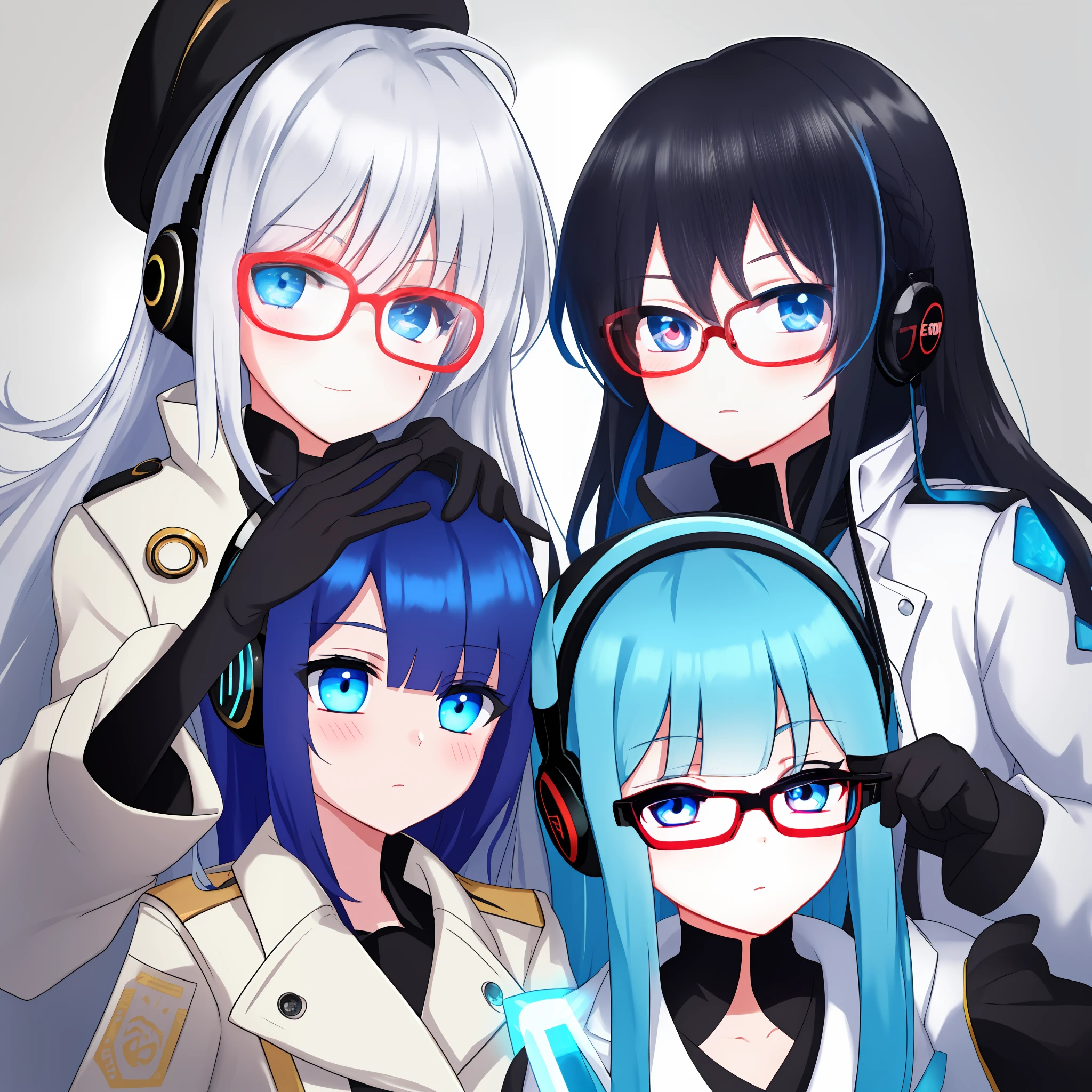 White trench coat Black hair ornaments Silver blue hair Red and blue hair Blush Half-closed eyes Glowing blue eyes Black hat on head Headphone portrait Long hair flowing bangs and eyes Glasses Looking at the camera Black gloves，full bodyesbian，Very colorful expression