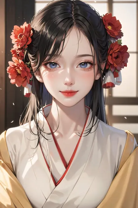 masterpiece,best quality,absurdres,original,extremely delicate and beautiful,beautiful detailed eyes and face,1girl, black hair, flower, japanese clothes, looking at viewer, red flower, solo, (shiny skin),(masterpiece:1.4),(best quality:1.4),realistic,fash...