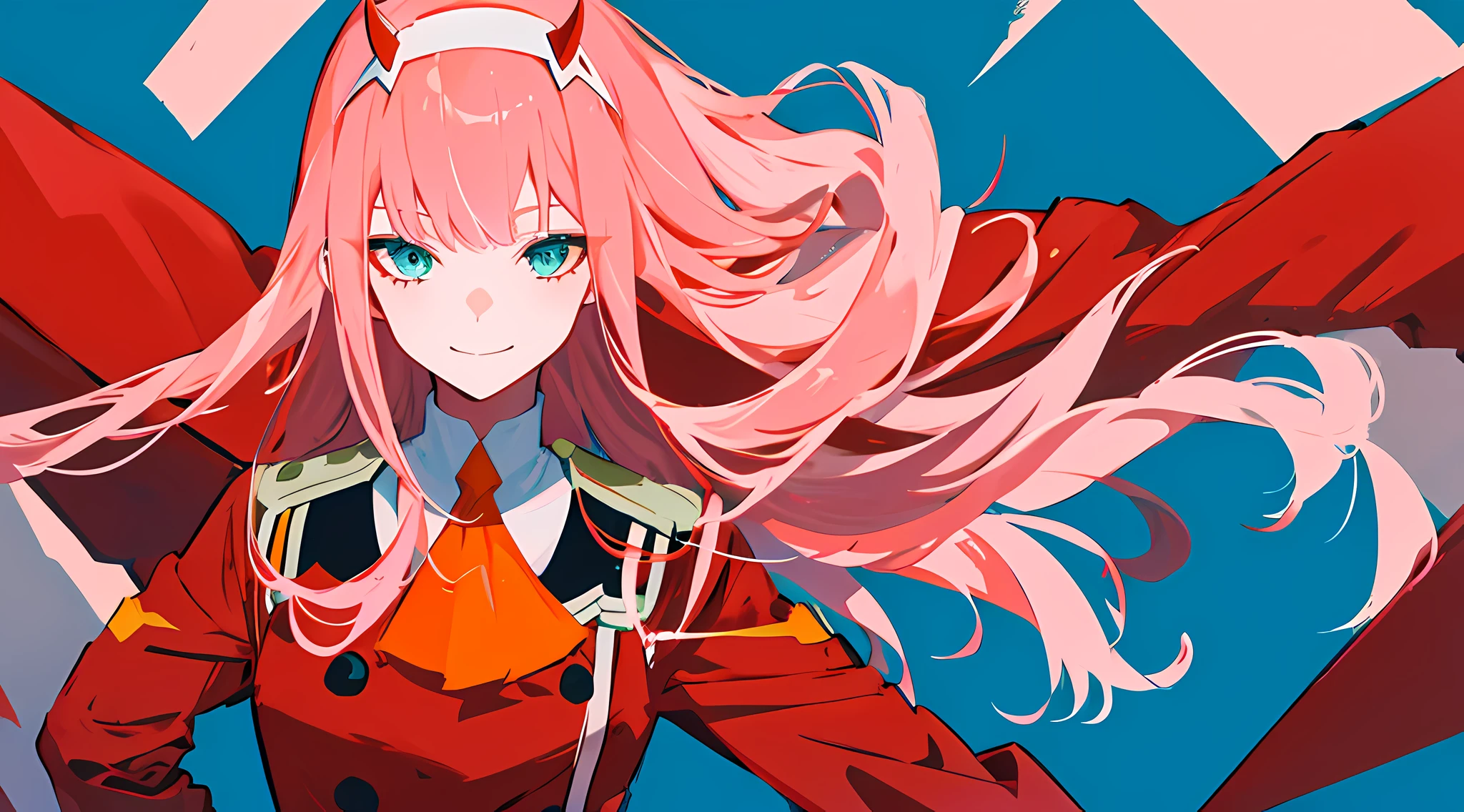 zero dois \(querido no franxx\), querido no franxx, 1 garota, ascot, franja, Fundo azul, olhos verdes, elástico de cabelo, chifres, cabelo longo, mangas compridas, Olhando para o visualizador, jaqueta vermelha, jaqueta fechada, uniforme militare, oni chifres, lenço laranja, cabelo rosa, red chifres, fundo simples, sorriso, Sozinho, de pé, uniforme, white elástico de cabelo, ((obra de arte)), obra de arte, melhor qualidade,