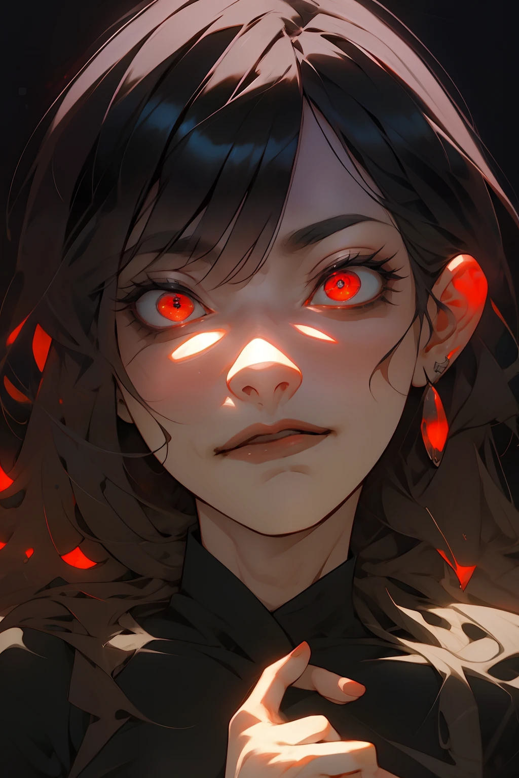 Best quality)), ((masterpiece)), (detailed: 1.4), black dress, dark black hair, black hime cut hair, glowing red eyes, dark background, dark environment, scary, junji ito, juni ito inspired, japanese horror inspired,1girl, feminine, wide eyes, full body, dark empty eyes