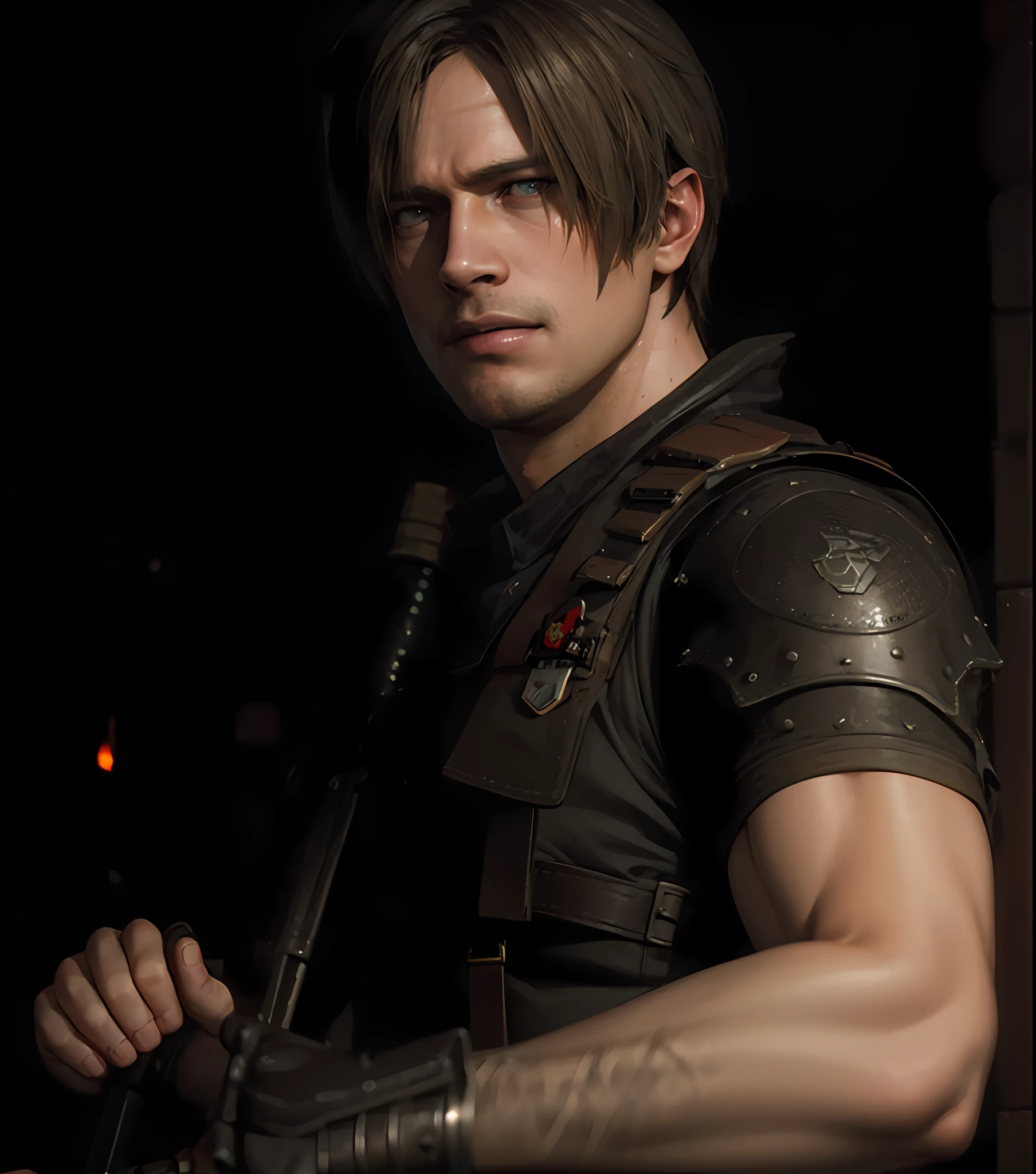 There's a man with a baseball bat standing in the dark, brad pitt is leon s. Kennedy, Chris Redfield, fundo do jogo Resident Evil, inspirado em Leon Chwistek, 8k portrait render, Resident Evil, Jack Baker de Resident Evil 7, cinematic bust shot, square enix cinematic art, Johan Liebert misturado com Dante, Naoki Ikushima