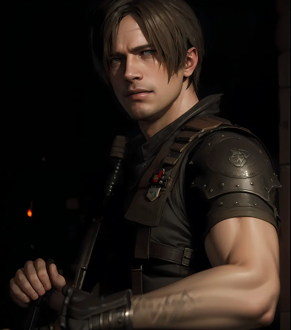 There's a man with a baseball bat standing in the dark, brad pitt is leon s. Kennedy, Chris Redfield, fundo do jogo Resident Evi...