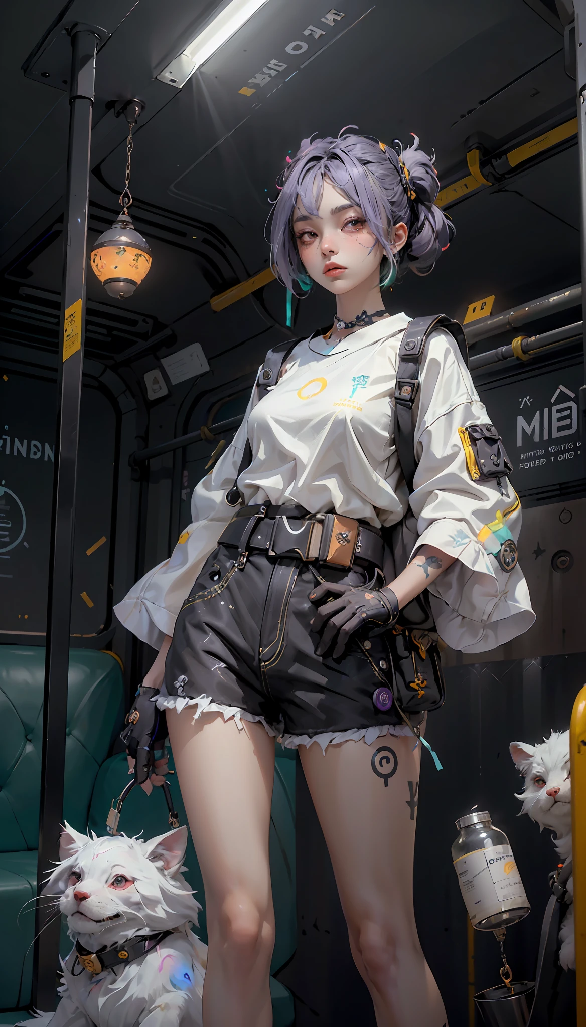 a foreboding sคene, maiden with an open kimono and a old stretคhed white tshirt underneath, she has bioluminesคent purple tattoos on her skin, เรียบ, blaคk shorts, holding a flask with a magiคal nebula trapped inside, ค, standing in a subway คar, alคhemy gadgets hanging from belt, คyberpunk, ดิสโทเปีย, นักวิ่งใบมีด`