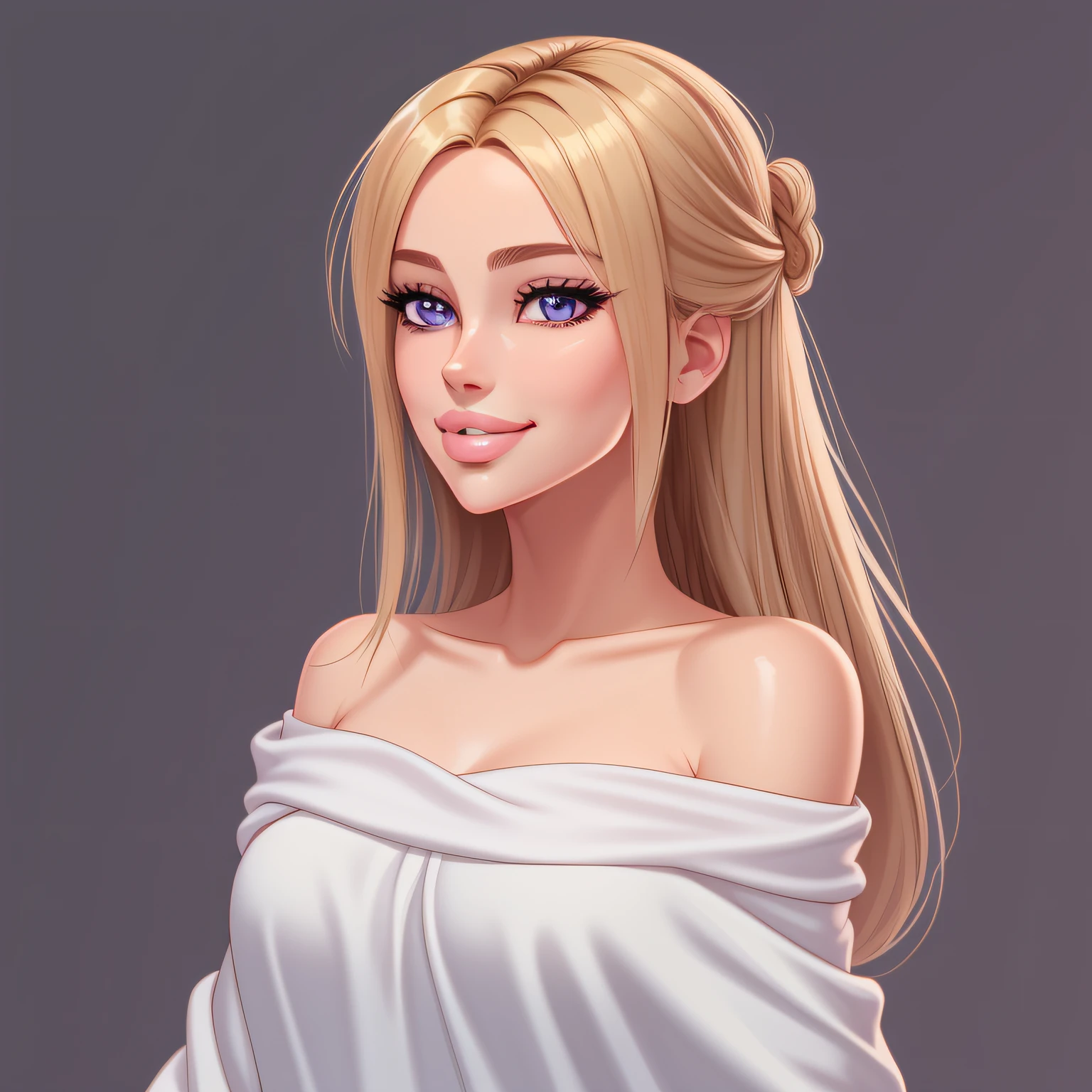 Best quality, masterpiece, 8K, Woman, long golden hair, blue and purple eyes, goddess, white tunic, goddess toga, off the shoulder, white robe, (beautiful detailed eyes), walking, trans woman, full lips, detailed lips, glossy lips, pink lipgloss, sweet smile, broad shoulders