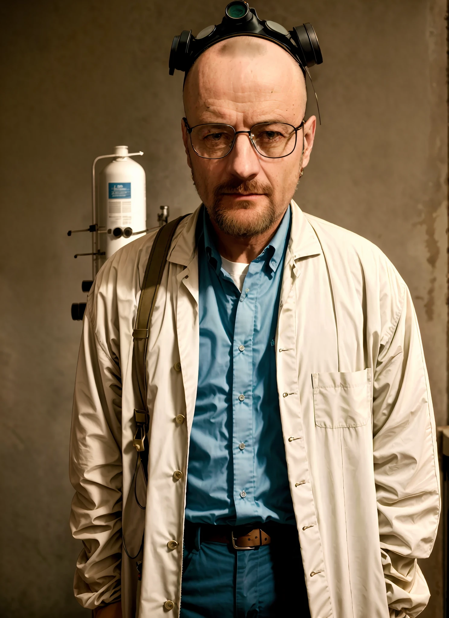 Jean Reno, Stunning intricate full-color photograph of the upper body of a man with glasses (in a lab coat and a gas mask on his head), bald, young Jean Reno, epic character composition, Ilya Kuvshinov, Alessio Albi, Nina Masik, sharp focus, natural light, subsurface scattering, f2, 35 mm, film grain