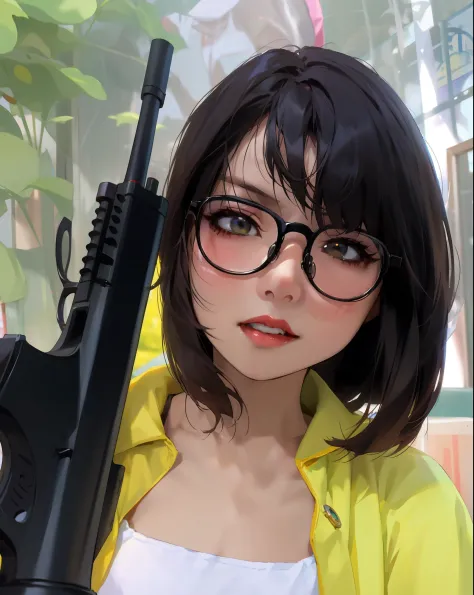 arafed woman with a gun and glasses posing for a picture, headshot profile picture, anime thai girl, with rifle, inspired by Len...