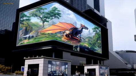 the night，with the sky full of stars,lamplight,Future feeling,Very nice city,Bustling metropolis,城市,In the city there is a huge billboard，There is a dragon on it, hyper photorealism. fantasy 4k, giant led screens, hyperreal highly detailed 8 k, digital bil...