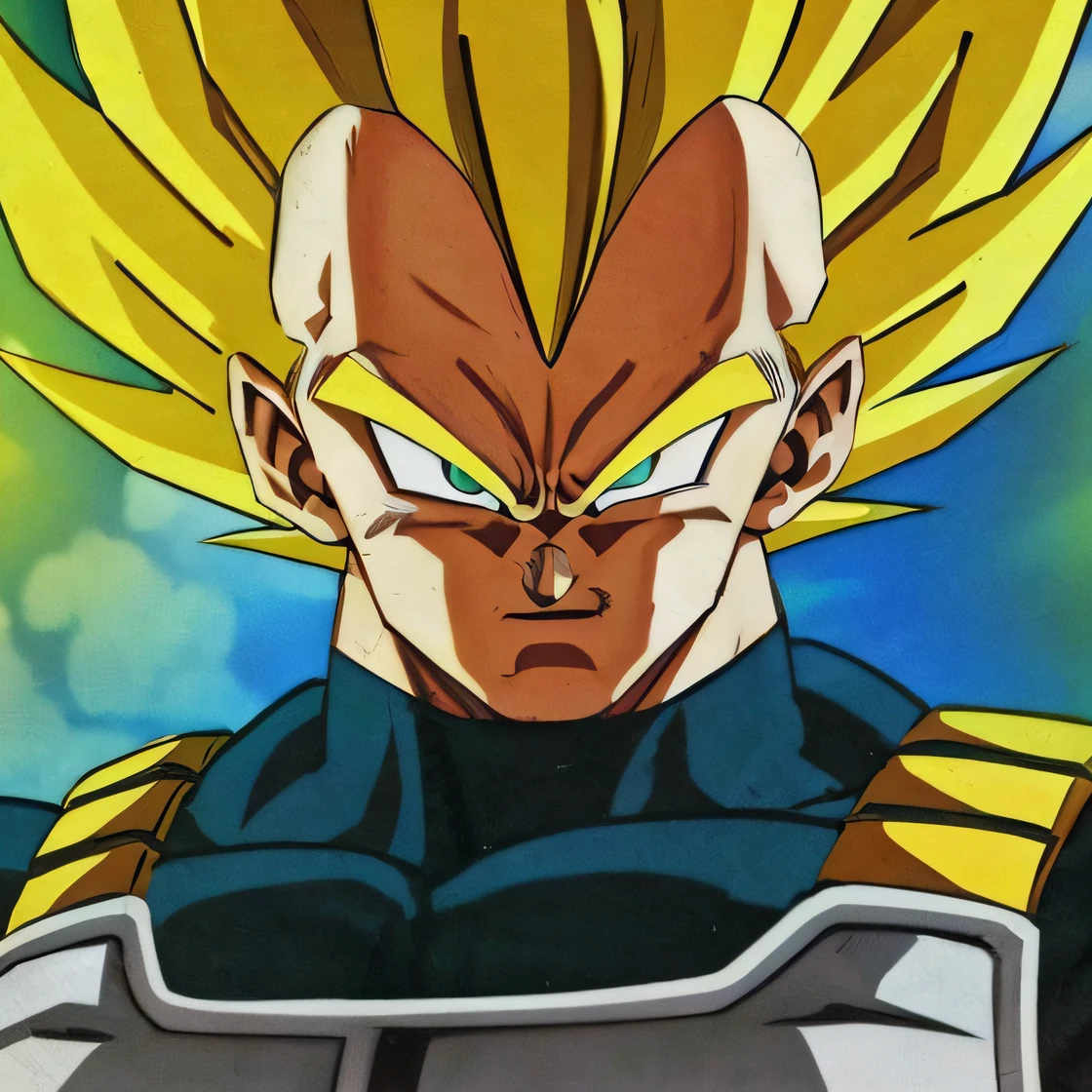 Um close up de um desenho animado de um Gohan com um fundo amarelo e azul, Vegeta, com cabelo na cabeça vegeta, Príncipe Vegeta, Super Saiyajin, Super Saiyajin Joe Biden, Personagem Dragonball, indo super saiyajin, Cabelo selvagem Saiyajin preto espetado, super querido, armadura saiyajin, arte conceitual de dragon ball, Gogeta --auto