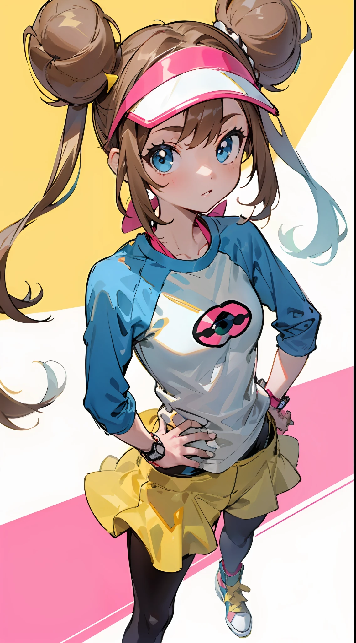 masterpiece, best quality, highres, ro1, hair bun, blue eyes, twintails, visor cap, pantyhose, raglan sleeves, yellow shorts, shirt, pink bow, wristwatch, standing,  upper body, looking at viewer, hand hip, view from above