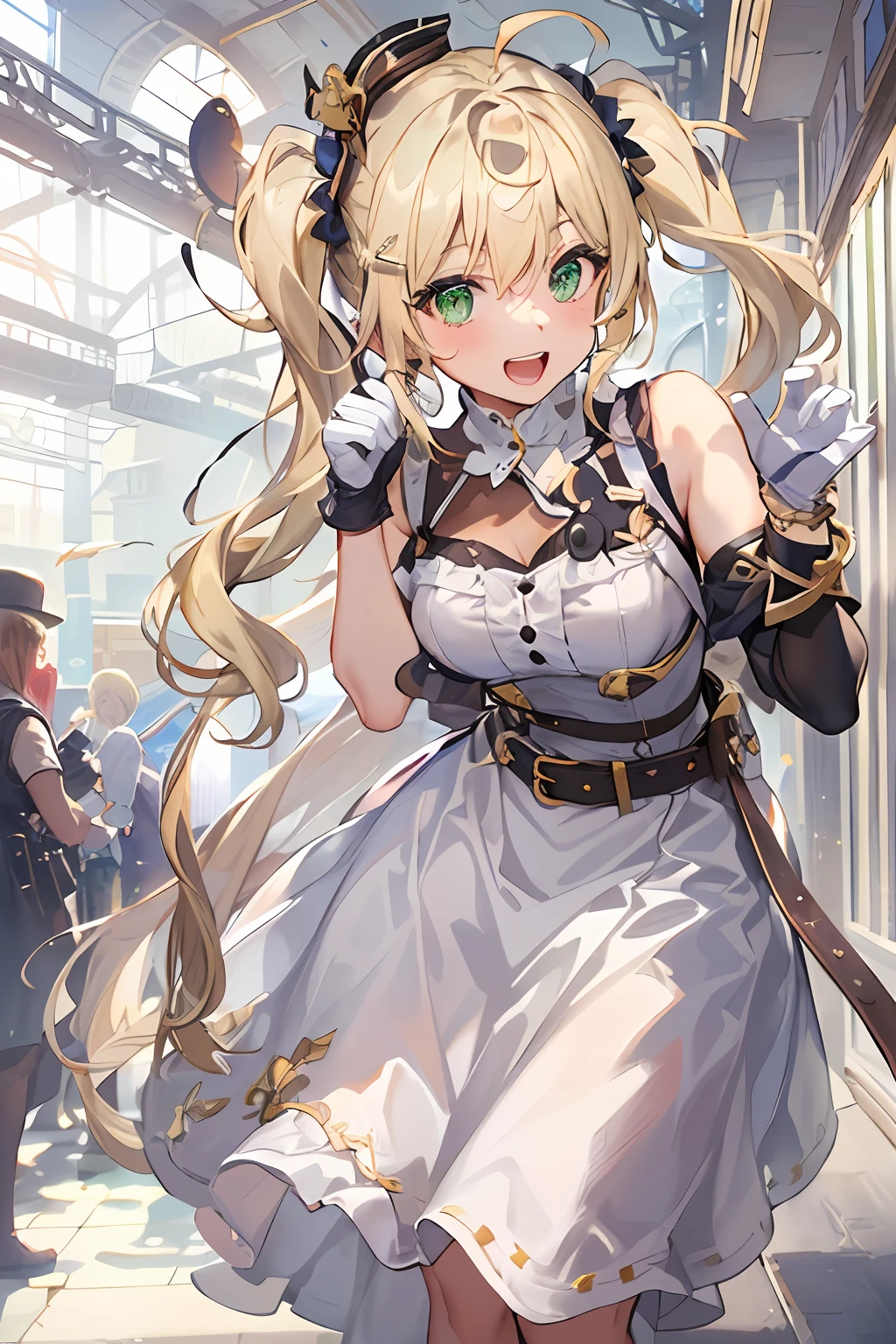 Anime girl with long blonde hair and green eyes walking down a street -  SeaArt AI