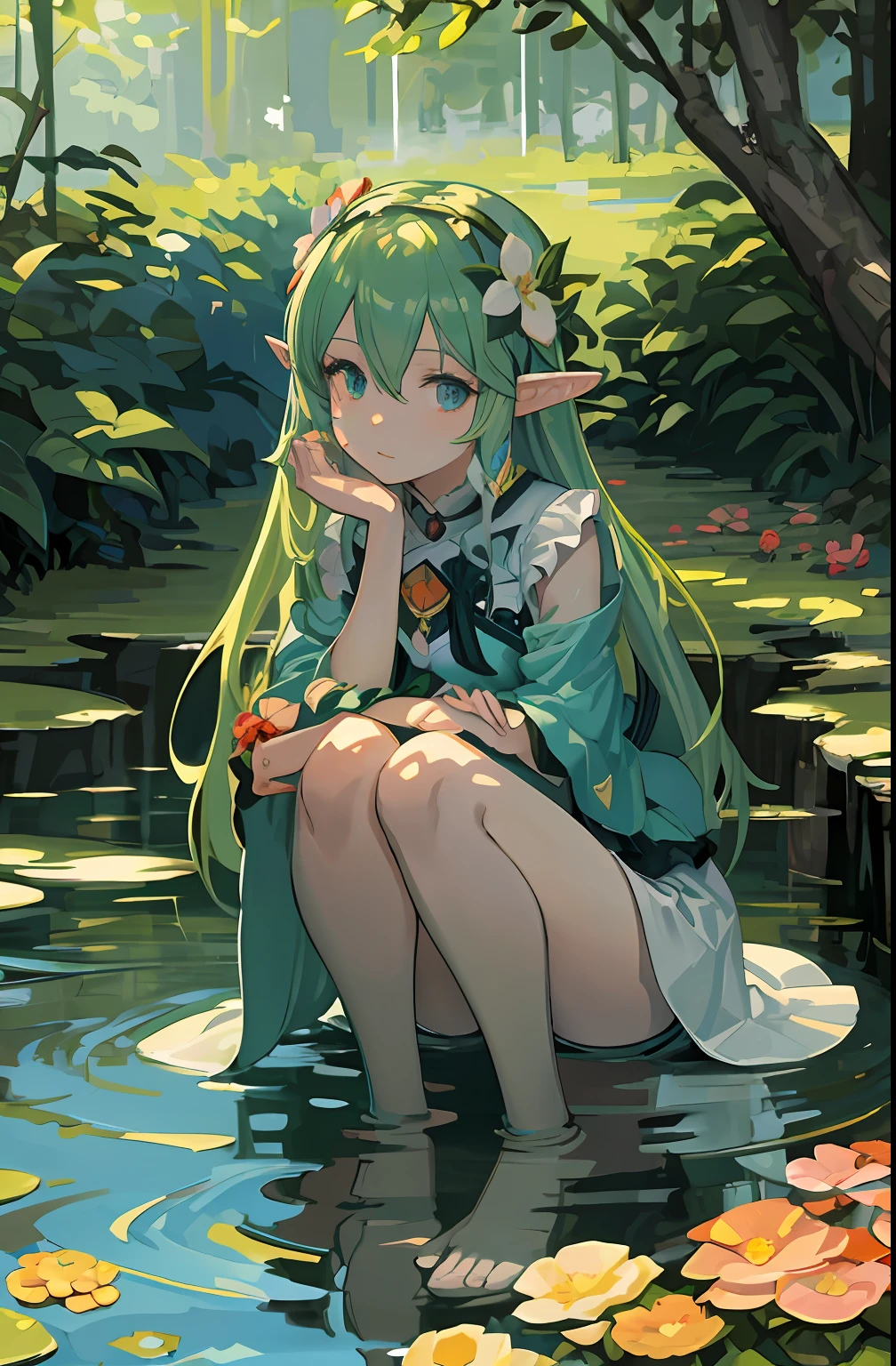 Anime girl sitting in the water，Flowers and trees in the background, Elf Girl, Loish et WLOP, Digital anime art, Elf Princess, Guviz-style artwork, Detailed digital anime art, Digital anime illustration, Cute detailed digital art, beautiful anime girl crouching, Guviz, Beautiful anime girl, Beautiful anime artwork，natural soft light，