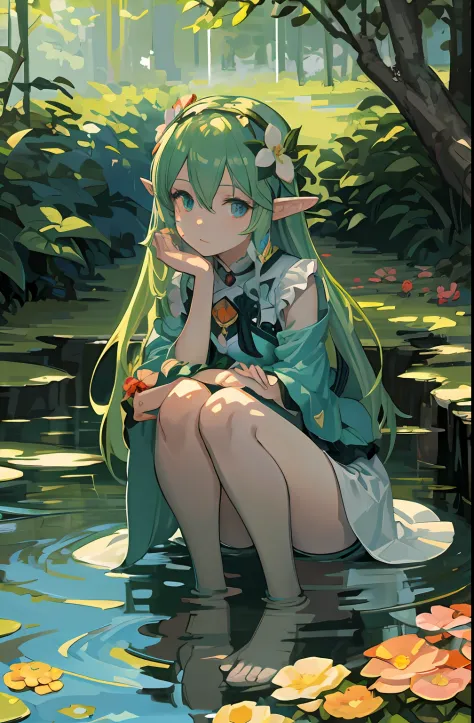 Anime girl sitting in the water，Flowers and trees in the background, Elf Girl, Loish et WLOP, Digital anime art, Elf Princess, Guviz-style artwork, Detailed digital anime art, Digital anime illustration, Cute detailed digital art, beautiful anime girl crou...