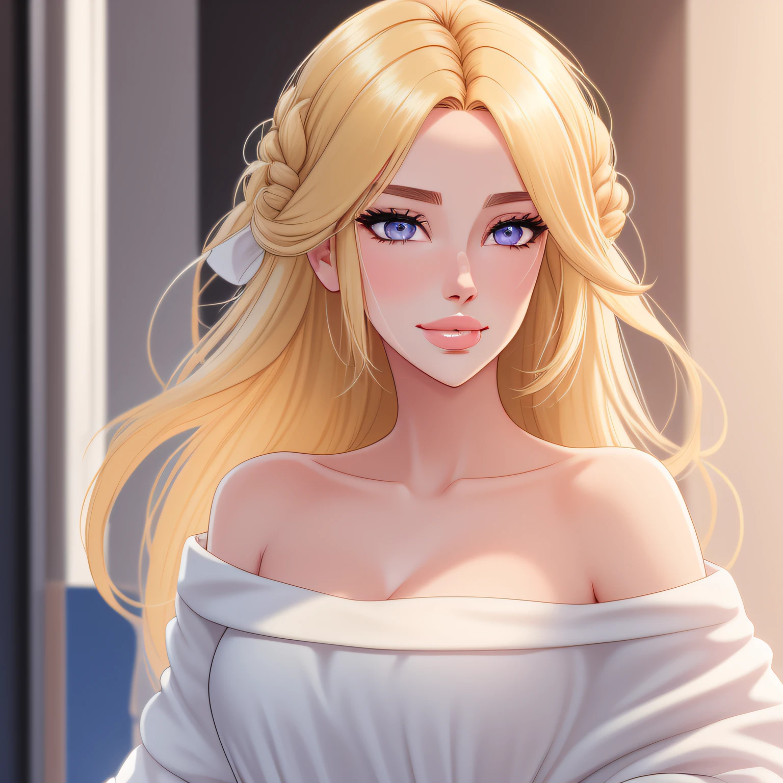 Best quality, masterpiece, 8K, Woman, long golden yellow hair, hair with volume, blue and purple eyes, goddess, white tunic, goddess toga, off the shoulder, white robe, (beautiful detailed eyes), walking, trans woman, detailed lips, glossy lips, red lipstick, broad shoulders, kissing, hair half up half down, fluffy hair, (((closed lips)))