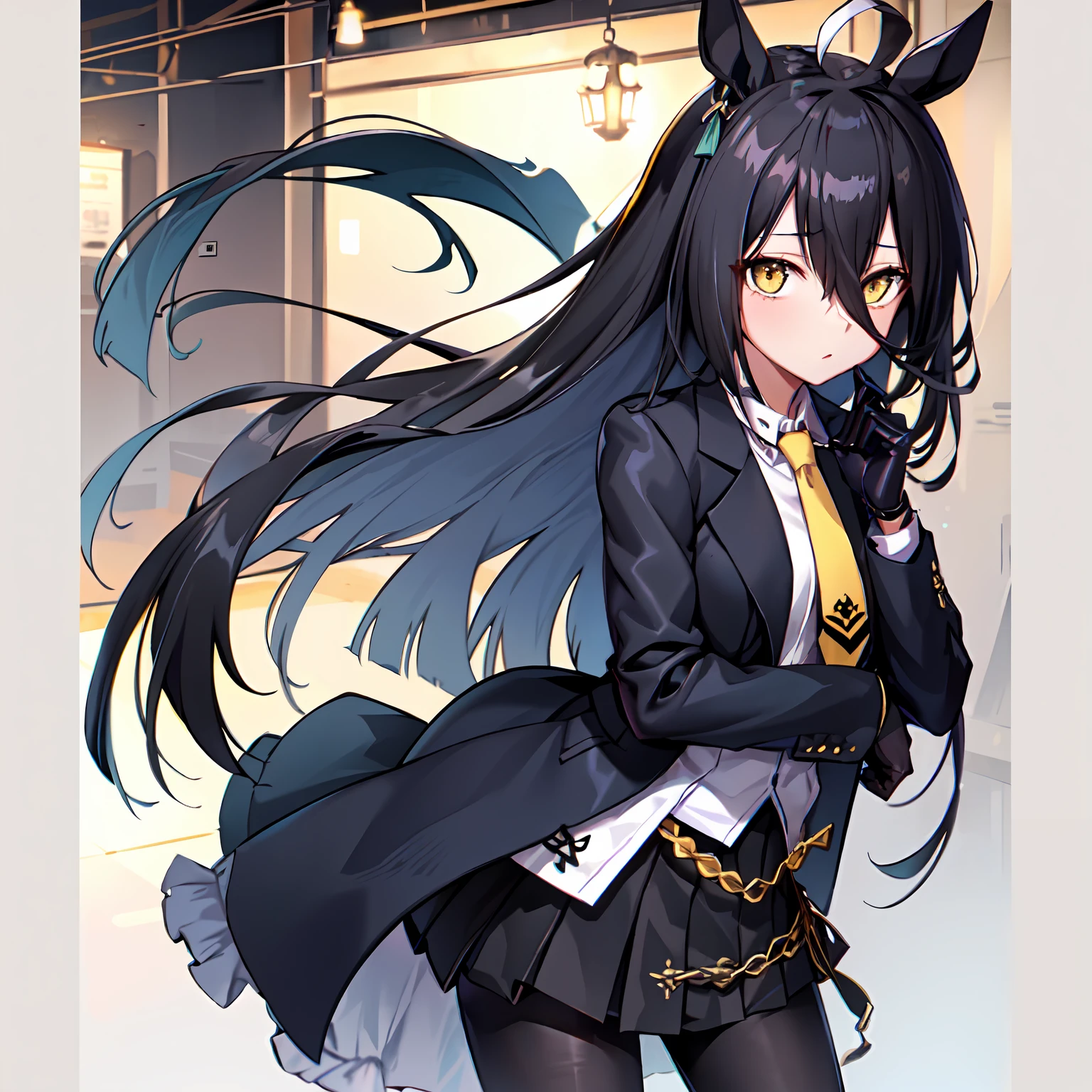 ((masutepiece, Best Quality)),(1girl in:1.2),manhattan-cafe,manhattan-cafe(Racing Wear),Horse Girl,Horse ears,hair_Bland_Eyes,(Solo:1.2),pantyhose,long_hair, Black_hair, Black Gloves,yellow_Eyes,Ahoge,neck tie,Black_Jacket,Skirt,Black_Footwear