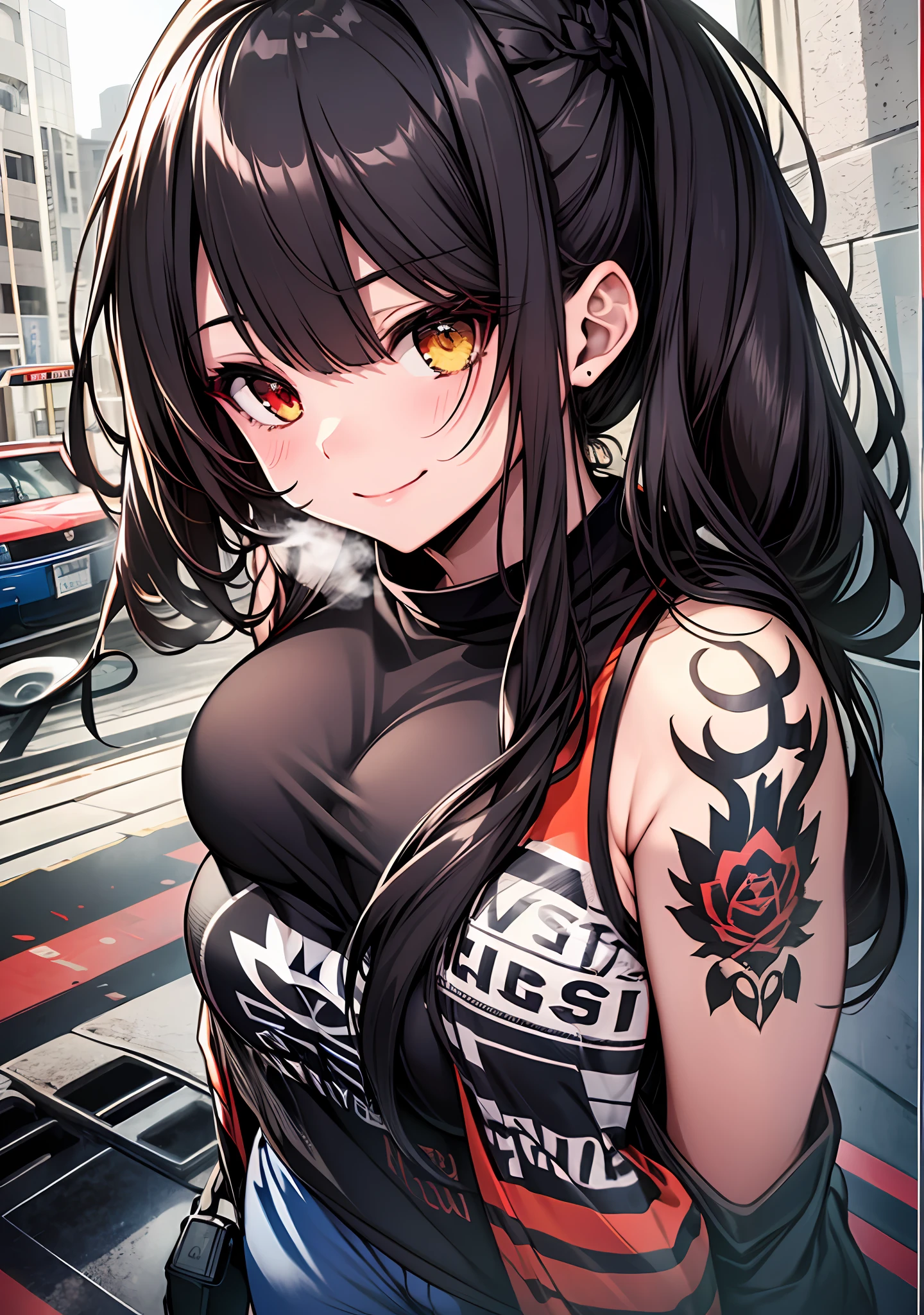 Masterpiece, high quality, ultra quality, best lighting, 1girl, ((tokisaki kurumi)), long hair, black hair, (((low twintails))), monochrome, ((right red eye:1, left yellow eye:1)), t-shirt, ((big t-shirt)), ((mini pants)), ((big breast)), ((big thigh)), smile, smoking, blush, cute face, ((gesugao face)), standing, sexy body, sexy, tattooed full body, tattooed face, (((tattooed))),looking at viewer, large the breast, nsfw, (((car)))