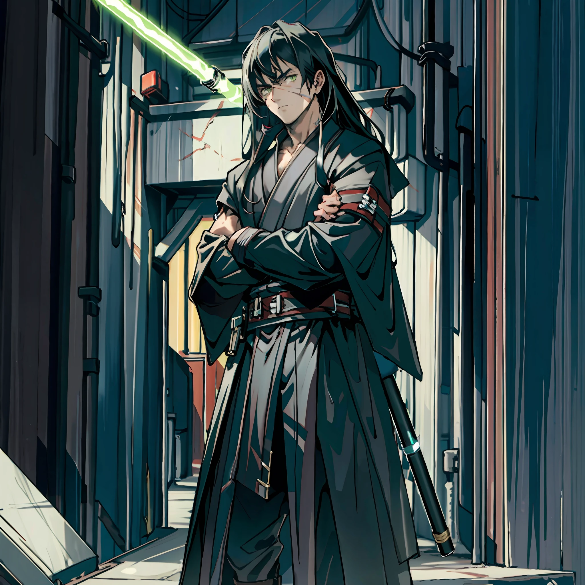 8k, Best quality, masterpiece, 1boy, long black hair, tall, lean, Jedi outfit, dark Jedi outfit, sith, sith outfit, 1human, male, half-lidded expression, bored look, cold stare, Facial scar, face scar, dark background, low exposure, in jedioutfit, arms crossed, lightsaber on belt, lime green eyes