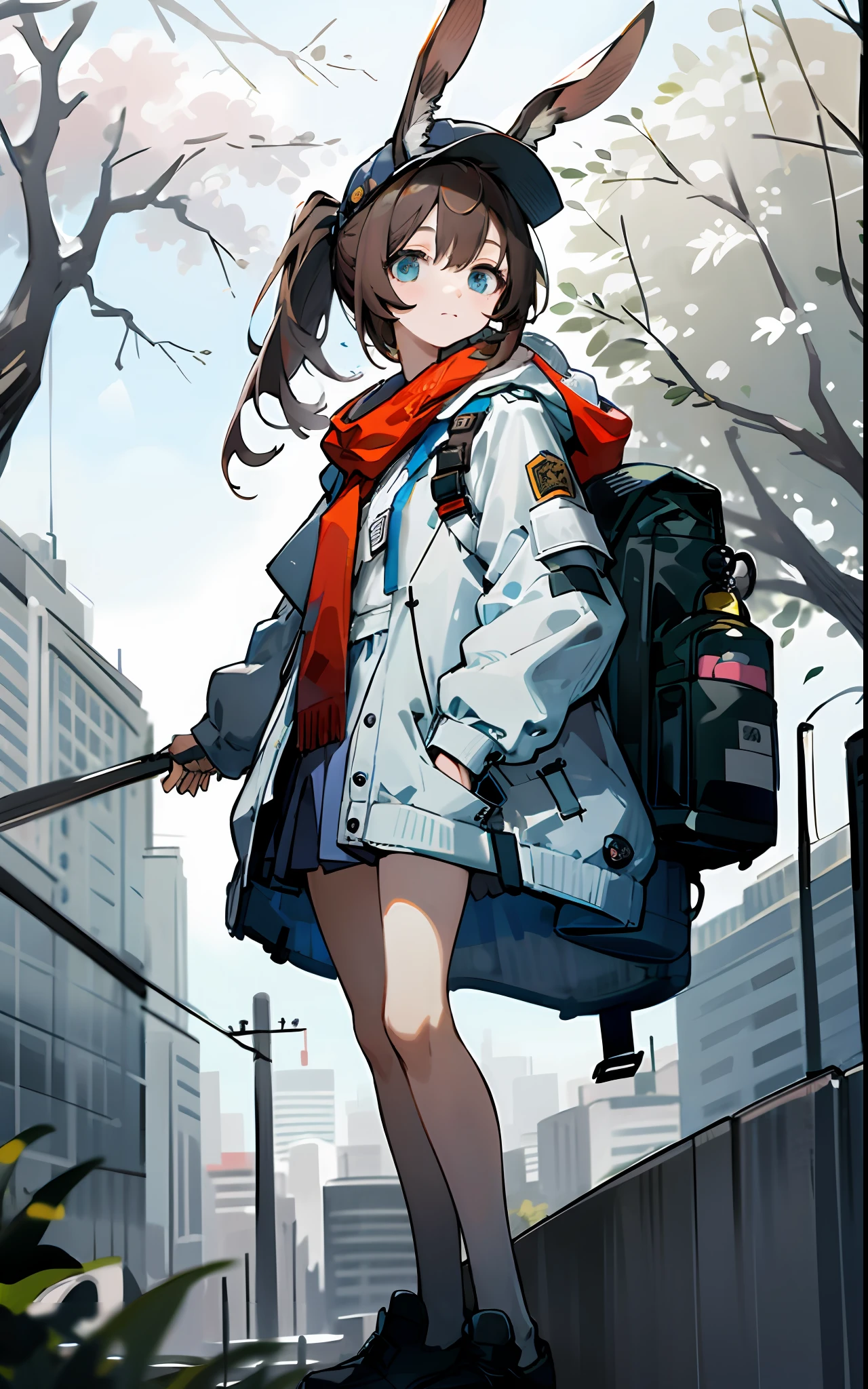 1girl, animal ears, rabbit ears, straight-on, half body, view from below,looking at viewer, brown hair, ponytail,  expressionless, badge, bangs, blue baseball cap, detailed eyes, clothes writing, white clothes, hood, hood down, standing, long sleeves, closed mouth, (blue skirt:1.05), solo, (light blush:0.9), bare tree, building, city, cityscape, day, outdoors,  street, tree