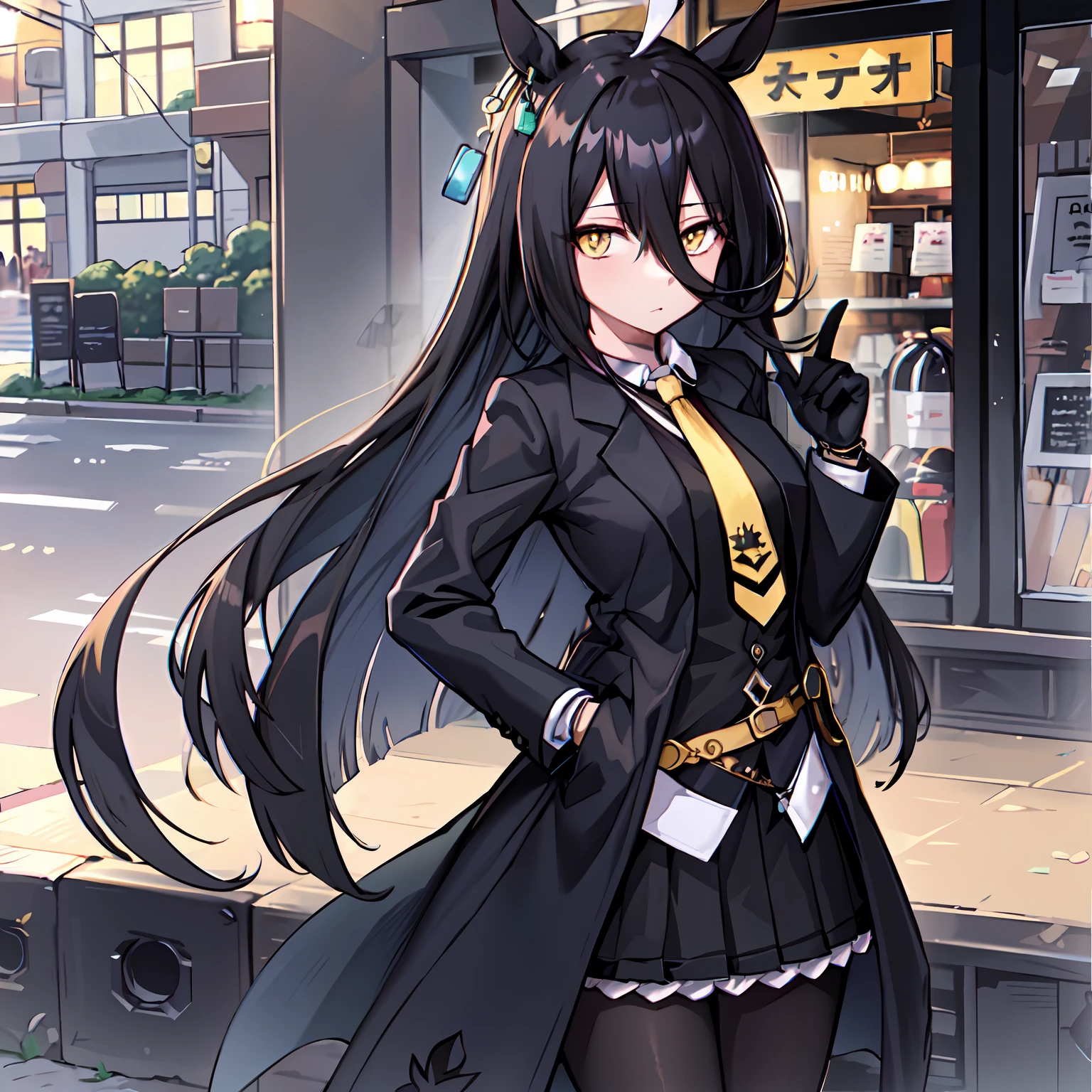 ((masutepiece, Best Quality)),(1girl in:1.2),manhattan-cafe,manhattan-cafe(Racing Wear),Horse Girl,Horse ears,hair_Bland_Eyes,(Solo:1.2),pantyhose,long_hair, Black_hair, Black Gloves,yellow_Eyes,Ahoge,neck tie,Black_Jacket,Skirt,Black_Footwear