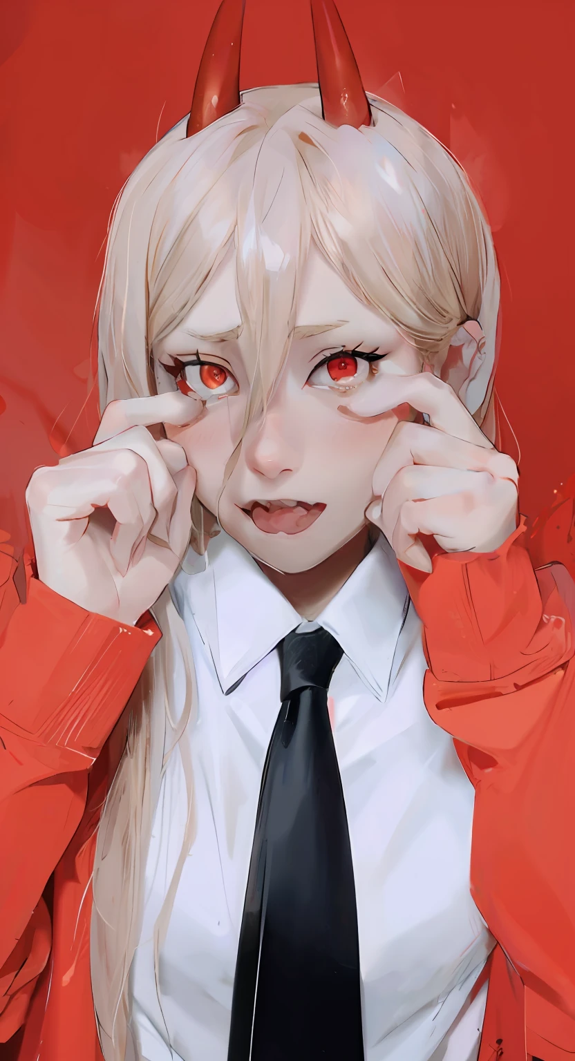 blond haired girl with horns and horns on her head, red contact lenses, luminous red eyes, red contacts, with glowing red eyes, bright red eyes, ((red)) baggy eyes, fully red eyes, fully red eyes no pupils, glowing red eyes, with red glowing eyes, power from chainsaw man, anime girl cosplay, red eyes, red hoodie, white shirt, black tie, blonde hair, red eyes, red horns, fingers under eyes, hands up, finger below eye, fingers curled