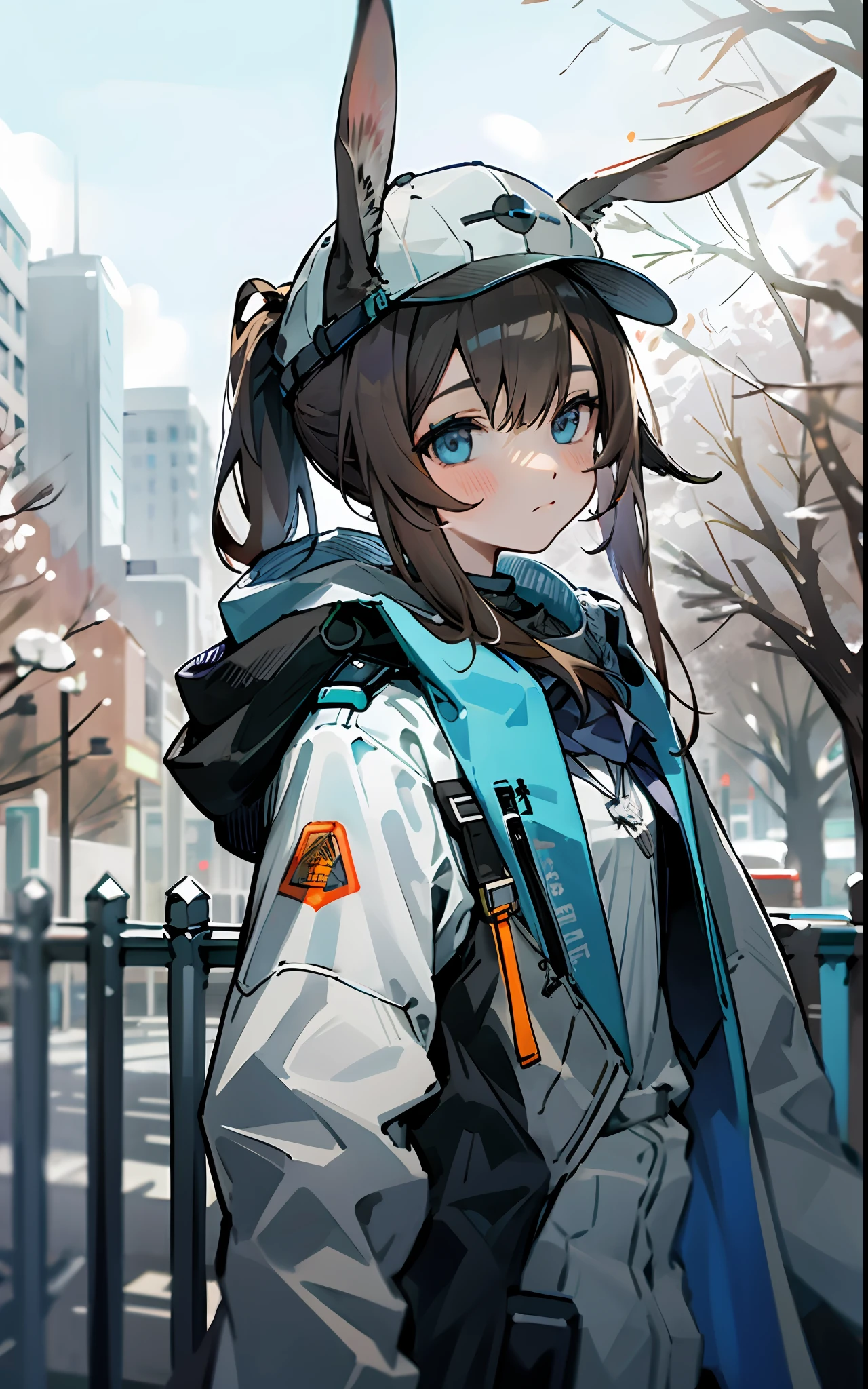 1girl, animal ears, rabbit ears, straight-on, upper body, looking at viewer, brown hair, ponytail,  expressionless, badge, bangs, blue baseball cap, detailed eyes, clothes writing, white clothes, hood, hood down, standing, long sleeves, closed mouth, (blue skirt:1.05), solo, (light blush:0.9), bare tree, building, city, cityscape, day, outdoors,  street, tree