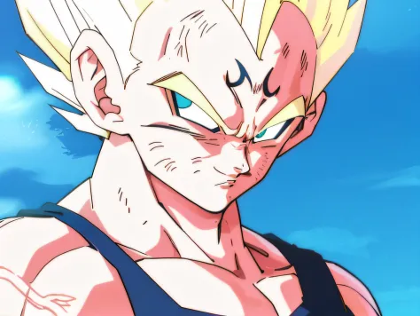 um close up de um gohan muito jovem com um rosto muito grande, vegeta, with vegeta head hair, prince vegeta, super saiyajin, per...