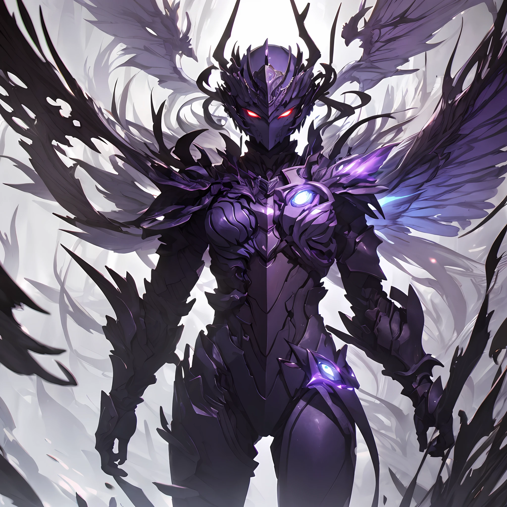 masterpiece, female, highly detailed CG unified 8K wallpapers, 8k uhd, dslr, high quality, clean, best illumination, a god in a purple armor, glowing eyes, cinematic, lightning wing, ultra-high resolution, ultra-high detailed, high-definition, shadowverse style
