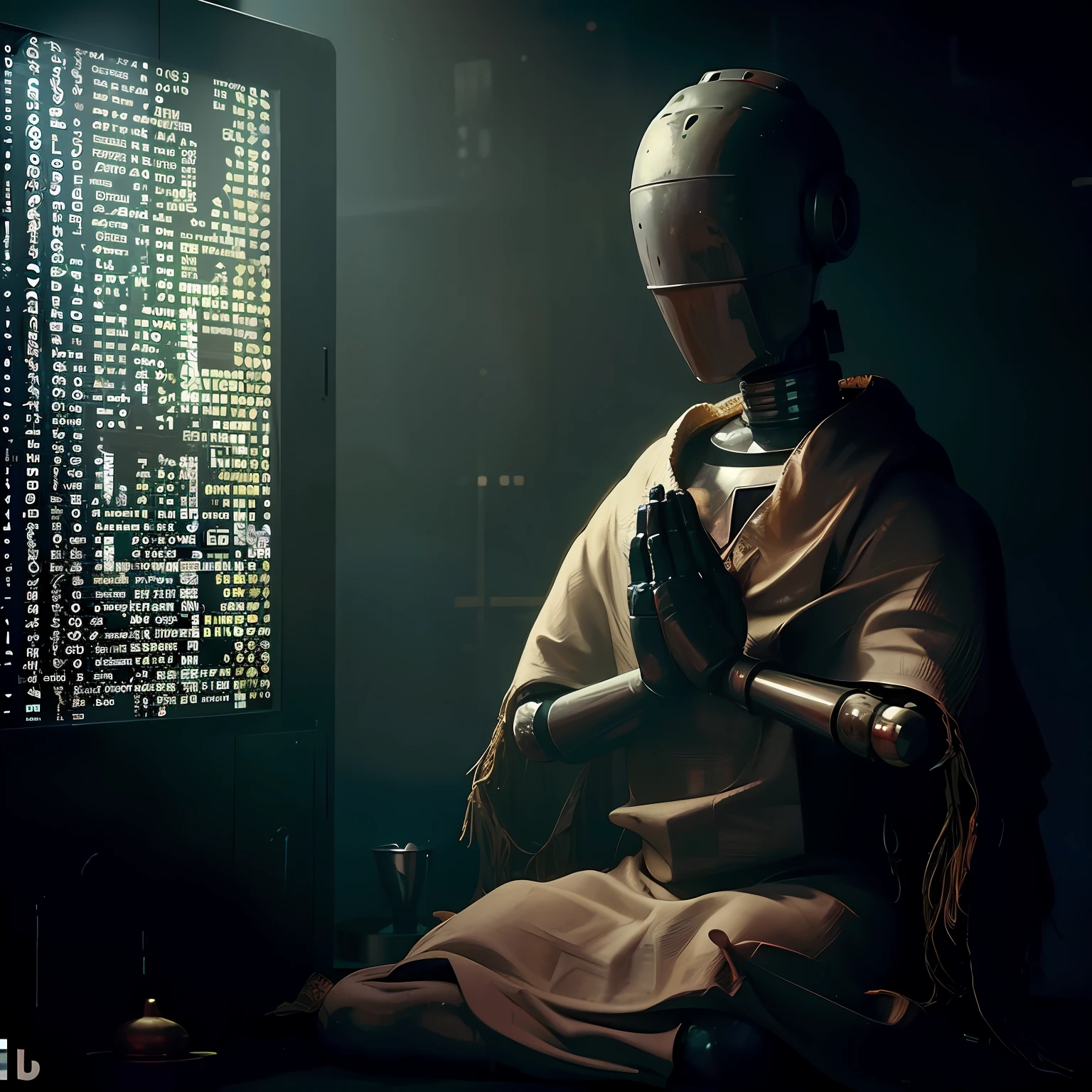 Há um robô sentado em frente a uma tela de computador, religião do robô, meditação zen cyberpunk, um ciborgue meditando, deus da inteligência artificial, Cyberpunk ortodoxo, deus da inteligência artificials, ciência religiosa, Cyberpunk Jesus Cristo, papa robô, O metaverso criptografado, a vinda da singularidade da IA, inteligência artificial maligna, ( ( virar um pouco | Deus da Arte da IA ) )