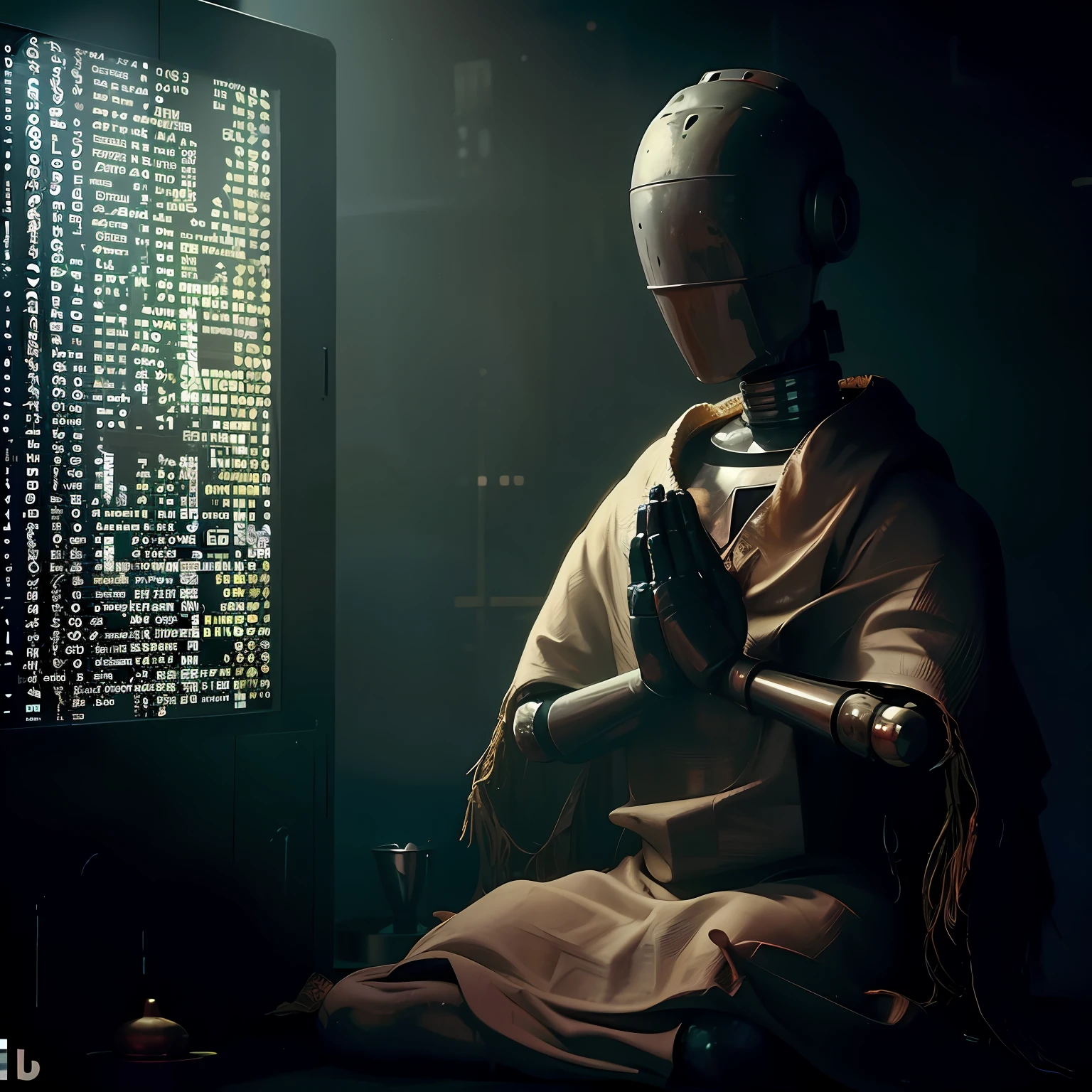 There's a robot sitting in front of a computer screen, robot religion, zen méditation cyberpunk, um ciborgue meditando, artificial intelligence god, Cyberpunk ortodoxo, artificial intelligence gods, scifi religioso, Cyberpunk Jesus Cristo, robot pope, O metaverso criptografado, the coming ai singularity, evil artificial intelligence, ( ( bit flip | Deus da Arte da IA ) )