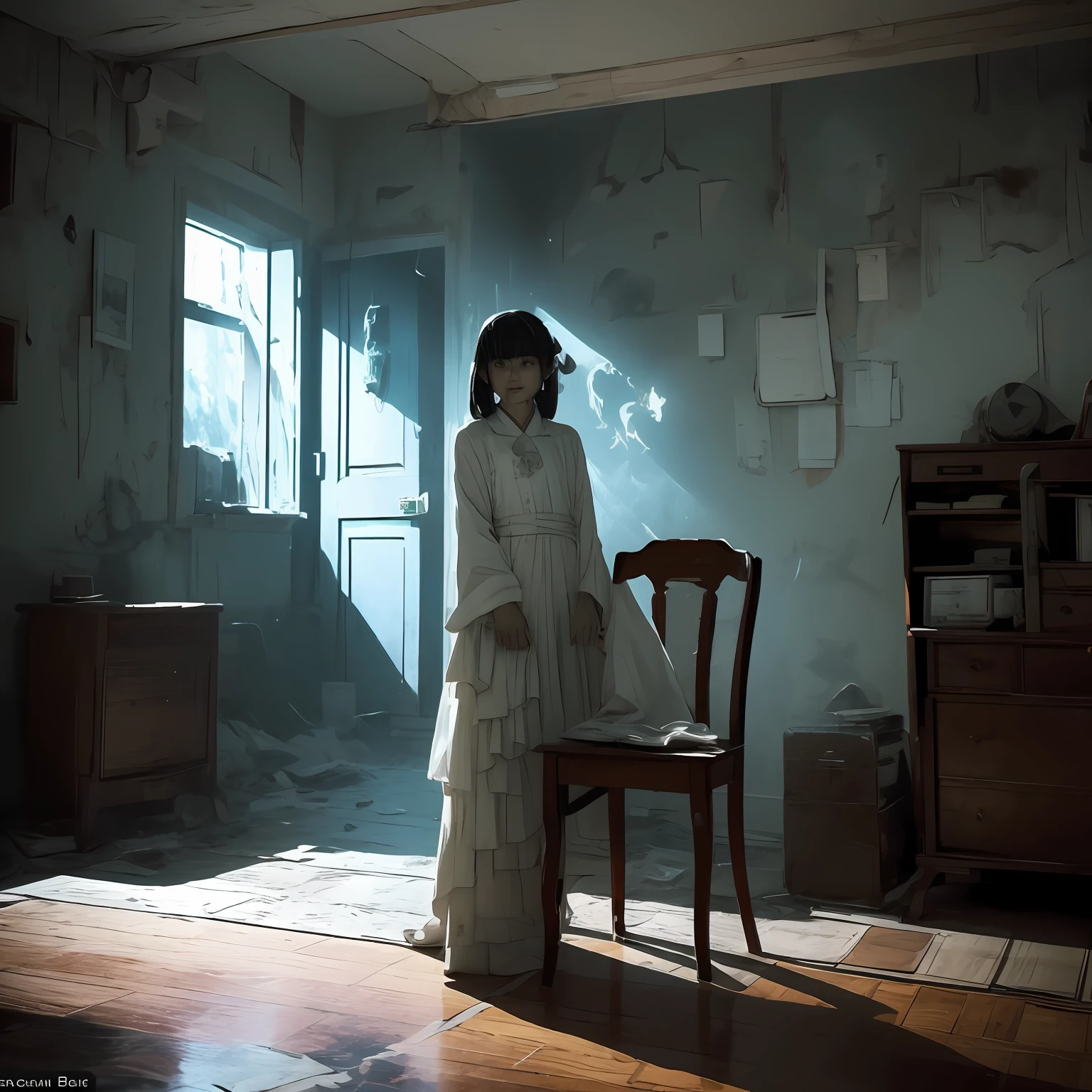 A Photo of an alone Japanese teen girl ghost. In the dimly lit, claustrophobic confines of a small room in Tokyo, a ghostly presence emerges, consumed by the macabre world of a horror game. It lurks in a desolate corner, shrouded in impenetrable darkness, its malevolent gaze fixed upon the player with an unnerving and twisted smile that sends shivers down the spine. The ghostly apparition is draped in a tattered, filth-ridden white dress, a haunting relic of the past, and its ethereal form wavers, revealing glimpses of the spectral realm beyond.

Within the room's suffocating atmosphere, a dilapidated chair, a forgotten relic from another era, stands as a chilling reminder of the room's sinister history. Time has eroded its once ornate carvings, leaving behind a decaying shell that echoes with the anguished whispers of souls long departed. The walls, adorned with faded photographs of forgotten faces, seem to exude a mournful presence, as if the very essence of those captured within yearns for release from their eternal purgatory.

A pale blue luminescence emanates from the ghost's eyes, casting an eerie glow that permeates the air, suffusing every corner of the room with a spectral incandescence. Shadows dance and contort under the ethereal radiance, twisting into grotesque forms that mock the sanity of the living.

As the ghost silently extends its translucent hand, a bone-chilling stillness descends. With each agonizingly slow movement, it inches closer to the player, a creeping specter of doom. But no matter how near it draws, the ghost's transparent hand never breaches the threshold of the tangible world, leaving a trail of icy dread in its wake. It is an embodiment of torment, forever denied the solace of human touch.

Yet, paradoxically, amidst the palpable terror