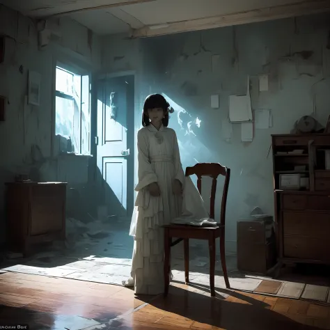 A Photo of an alone Japanese teen girl ghost. In the dimly lit, claustrophobic confines of a small room in Tokyo, a ghostly pres...