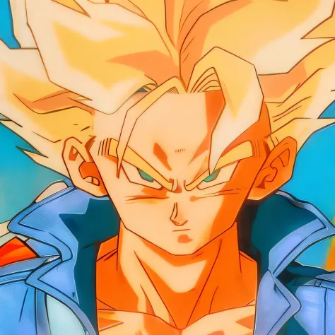 Um close up de um desenho animado de um jovem Gohan, Super Saiyajin Goku, Super Saiyajin, super saiyajin azul, Super Sayan, Retr...