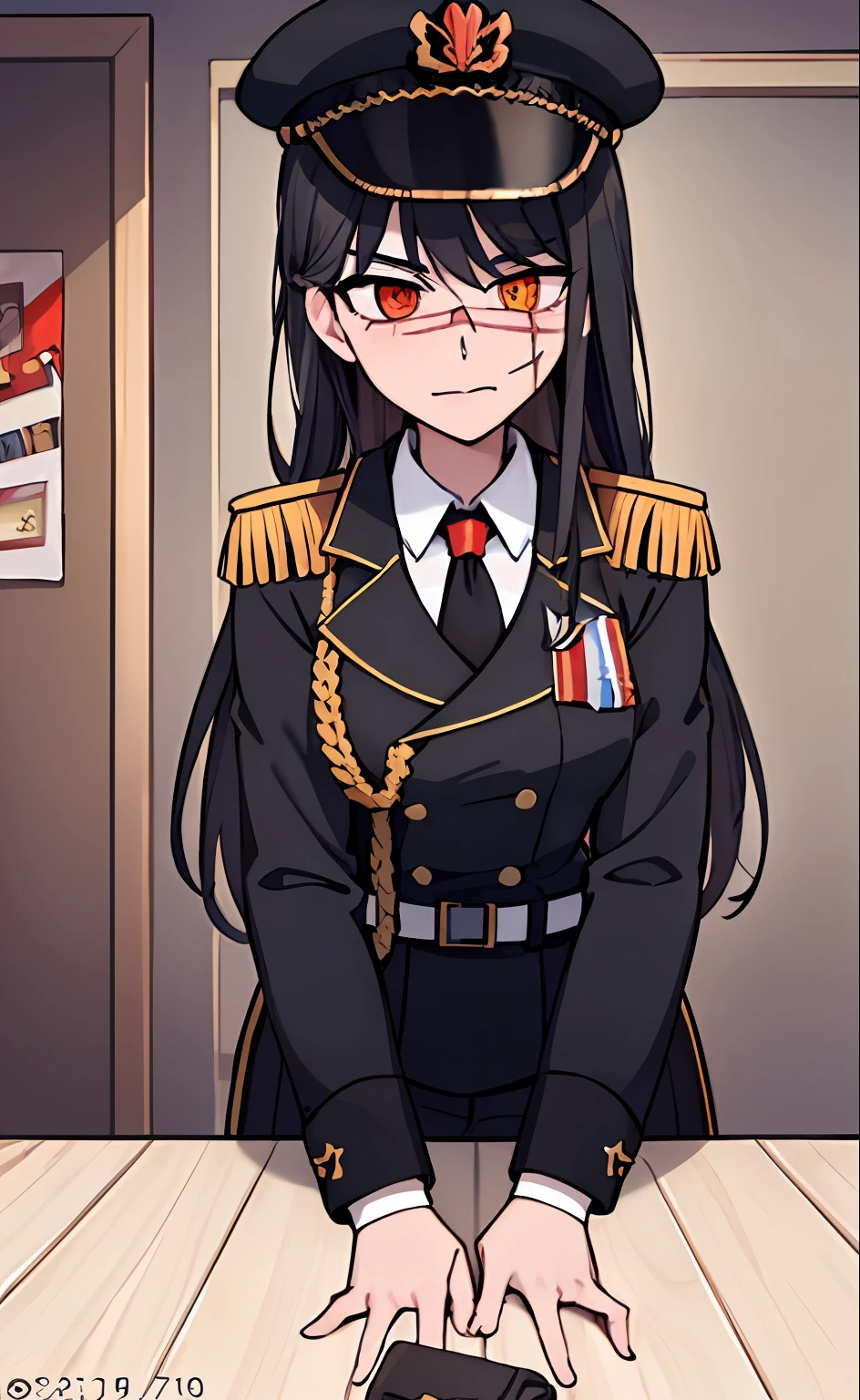 (masterpiece, best quality: 1.2), Solo, 1girl, Yoru \(Chainsaw Man\), looking at the viewer, different poses, red eye, long hair, completely black hair, reference to clothing of a German WWII general, black long sleeves (best quality), scar on face, beautiful eyes, has only 2 arms, has war medals on his clothes, Black Military Cap, Golden Eagle Medal on Clothing,  (Wallpaper), (8K HD), (8K HD), Golden Shoulder Pads, Sprites, 1 Single Design (masterpiece, best quality: 1.2), Solo, 1girl, Yoru \(Chainsaw Man\), looking at the viewer, smile, happy, different poses, red eye, long hair, completely black hair, reference to clothing of a German WWII general, black long sleeves (best quality), scar on face,  beautiful eyes, has only 2 arms, has war medals on his clothes, black military cap, golden eagle medal on clothing, (wallpaper), (8K HD), (8K HD), (8K HD), golden shoulder pads, sprites, 1 single design