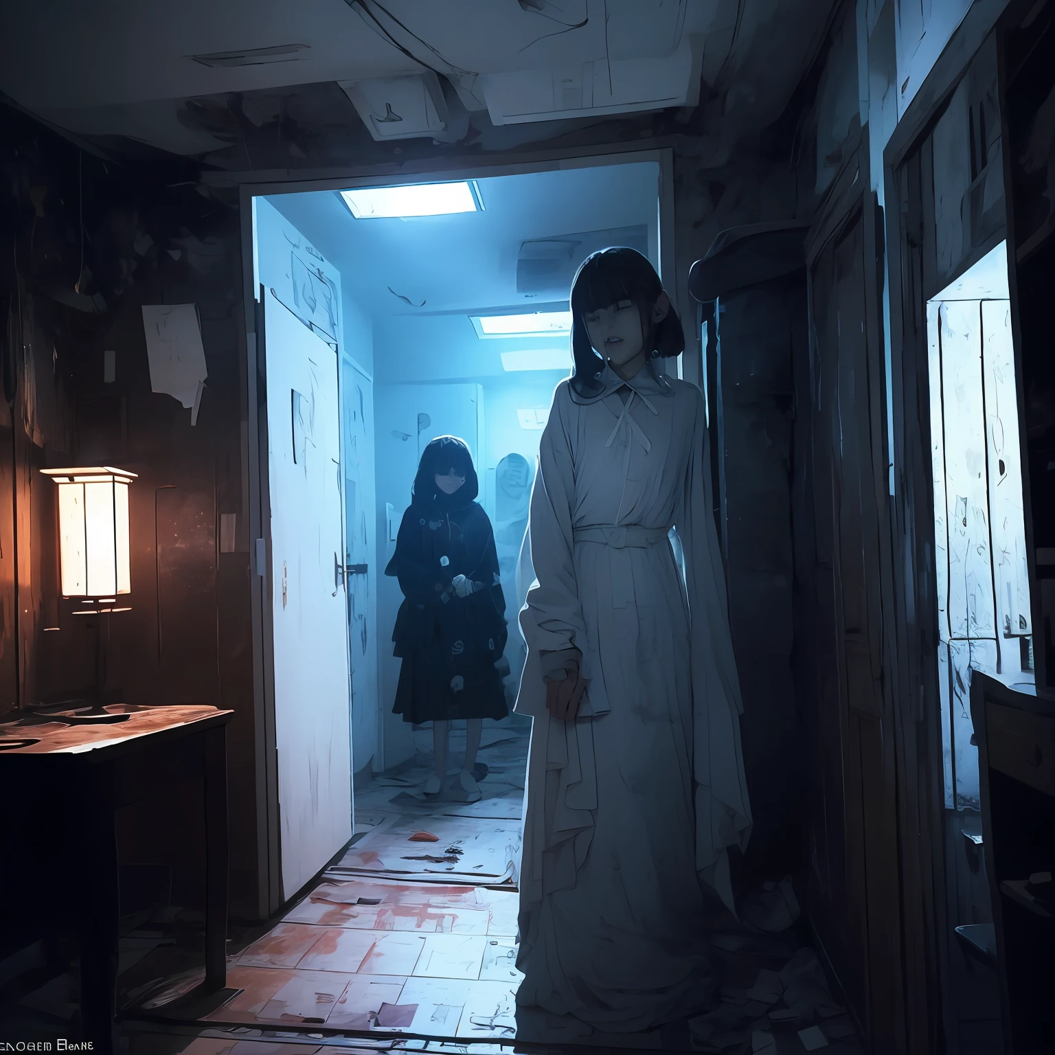 A Photo of an alone Japanese teen girl ghost. In the dimly lit, claustrophobic confines of a small room in Tokyo, a ghostly presence emerges, consumed by the macabre world of a horror game. It lurks in a desolate corner, shrouded in impenetrable darkness, its malevolent gaze fixed upon the player with an unnerving and twisted smile that sends shivers down the spine. The ghostly apparition is draped in a tattered, filth-ridden white dress, a haunting relic of the past, and its ethereal form wavers, revealing glimpses of the spectral realm beyond.

Within the room's suffocating atmosphere, a dilapidated chair, a forgotten relic from another era, stands as a chilling reminder of the room's sinister history. Time has eroded its once ornate carvings, leaving behind a decaying shell that echoes with the anguished whispers of souls long departed. The walls, adorned with faded photographs of forgotten faces, seem to exude a mournful presence, as if the very essence of those captured within yearns for release from their eternal purgatory.

A pale blue luminescence emanates from the ghost's eyes, casting an eerie glow that permeates the air, suffusing every corner of the room with a spectral incandescence. Shadows dance and contort under the ethereal radiance, twisting into grotesque forms that mock the sanity of the living.

As the ghost silently extends its translucent hand, a bone-chilling stillness descends. With each agonizingly slow movement, it inches closer to the player, a creeping specter of doom. But no matter how near it draws, the ghost's transparent hand never breaches the threshold of the tangible world, leaving a trail of icy dread in its wake. It is an embodiment of torment, forever denied the solace of human touch.

Yet, paradoxically, amidst the palpable terror