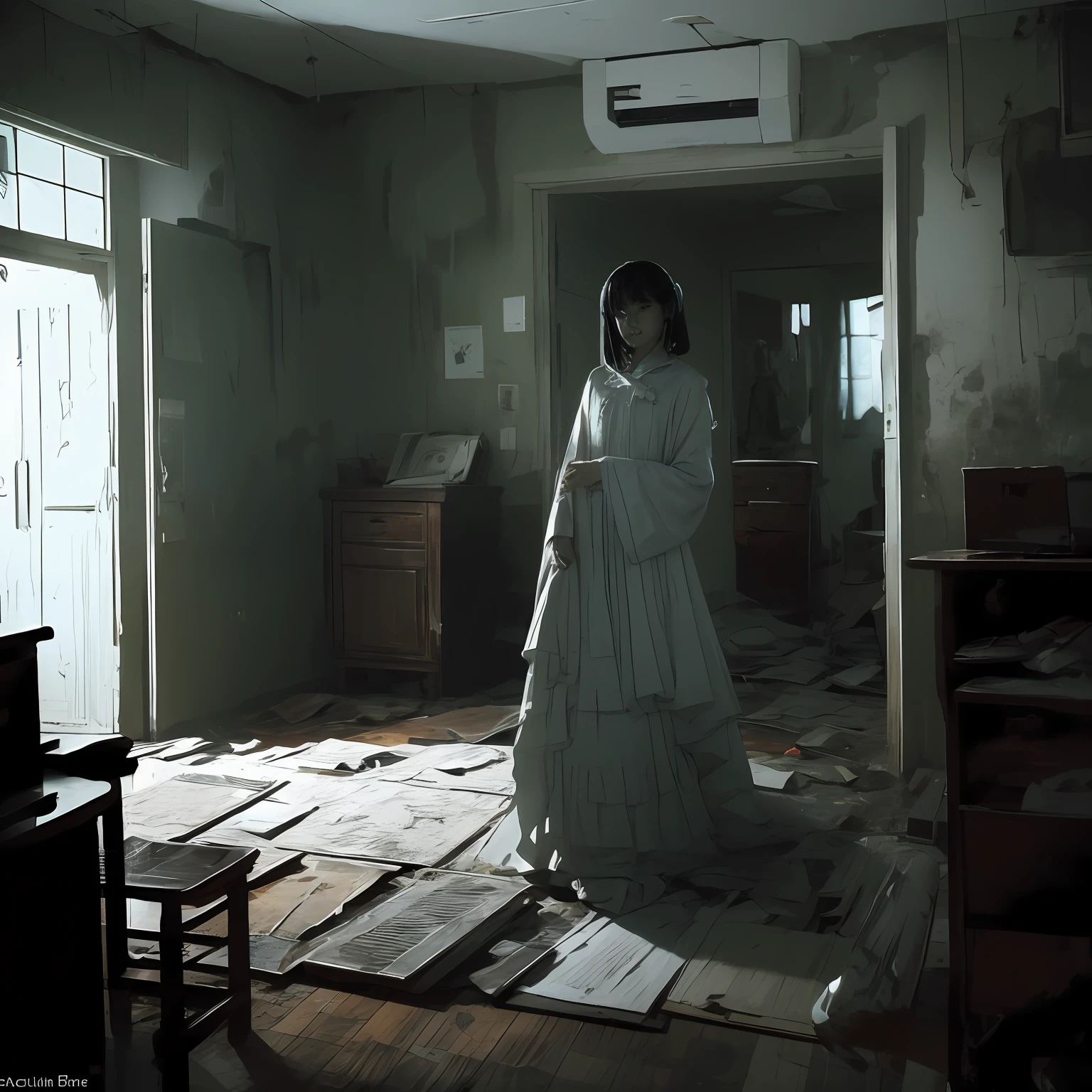 Una foto de una adolescente japonesa solitaria fantasma. En la penumbra, confines claustrofóbicos de una pequeña habitación en Tokio, Una presencia fantasmal emerge, consumido por el macabro mundo de un juego de terror. Se esconde en un rincón desolado, envuelto en una oscuridad impenetrable, Su mirada malévola se fijó en el jugador con una sonrisa desconcertante y retorcida que envía escalofríos por la columna vertebral. La aparición fantasmal está envuelta en un andrajoso, vestido blanco lleno de suciedad, Una reliquia inquietante del pasado, y su forma etérea vacilante, reveladores destellos del reino espectral más allá.

Dentro de la atmósfera sofocante de la habitación, a dilapidated chair, Una reliquia olvidada de otra época, se erige como un escalofriante recordatorio de la siniestra historia de la habitación.. El tiempo ha erosionado sus tallas una vez ornamentadas, dejando atrás una cáscara en descomposición que resuena con los susurros angustiados de las almas que se fueron hace mucho tiempo.. Los muros, adornado con fotografías descoloridas de rostros olvidados, parecen exudar una presencia triste, como si la esencia misma de los capturados anhelara la liberación de su eterno purgatorio..

Una luminiscencia azul pálido emana de los ojos del fantasma, proyectando un resplandor espeluznante que impregna el aire, impregnando cada rincón de la habitación con una incandescencia espectral. Las sombras bailan y se contorsionan bajo el resplandor etéreo, retorciéndose en formas grotescas que se burlan de la cordura de los vivos.

Mientras el fantasma extiende silenciosamente su mano translúcida, Una quietud escalofriante desciende. Con cada movimiento terriblemente lento, Se acerca a centímetros al jugador, Un espectro rastrero de fatalidad. Pero no importa lo cerca que se acerque, La mano transparente del fantasma nunca rompe el umbral del mundo tangible, dejando un rastro de temor helado a su paso. Es una encarnación del tormento, Negado para siempre el consuelo del toque humano.

Todavía, Paradójicamente, En medio del terror palpable