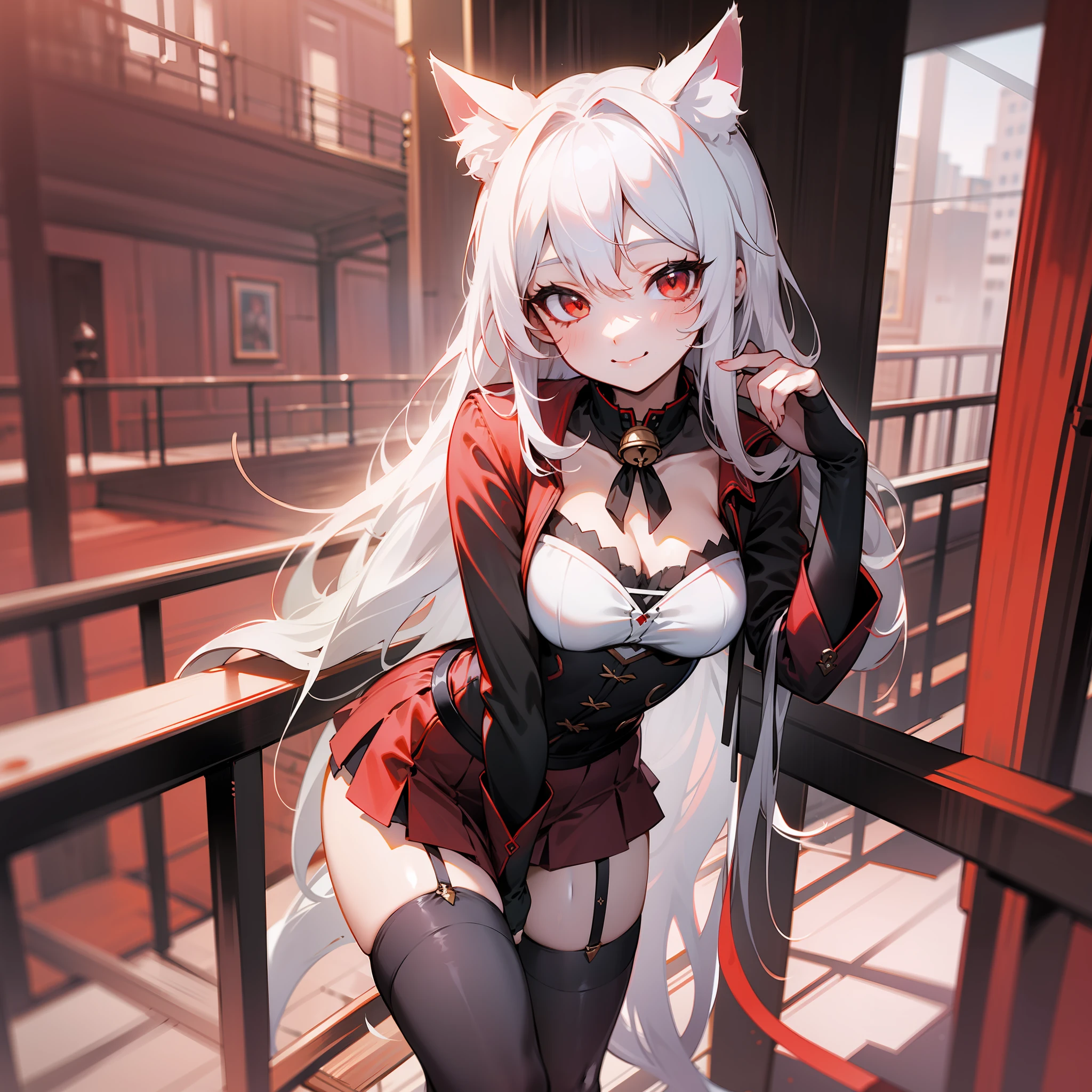 Anime girl with white hair and red eyes posing on a balcony - SeaArt AI