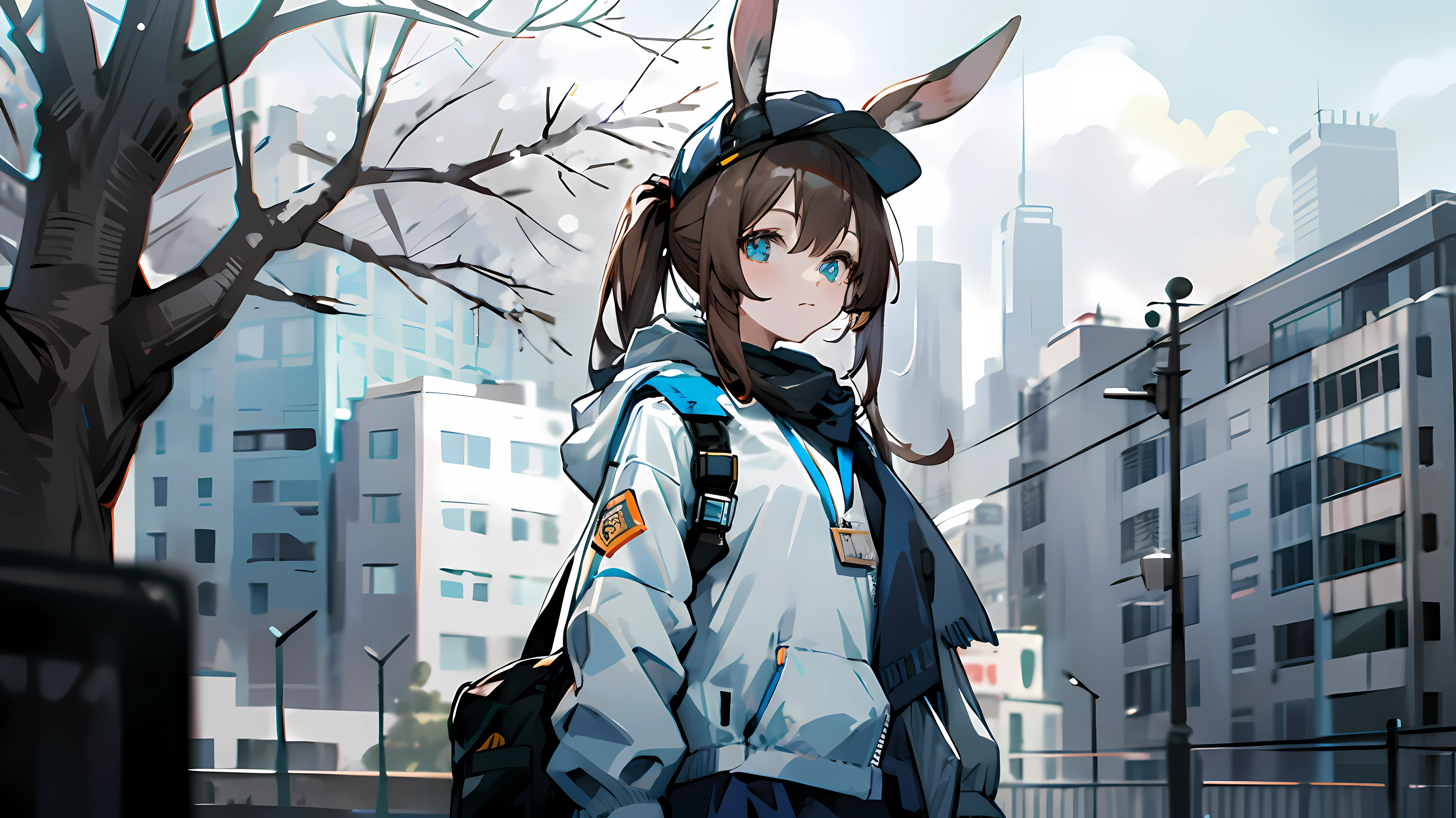 1girl, animal ears, rabbit ears, straight-on,looking at viewer, brown hair, ponytail,  expressionless, badge, bangs, blue baseball cap, detailed eyes, clothes writing, white clothes, hood, hood down, standing, long sleeves, closed mouth, (blue skirt:1.05), solo, (light blush:0.9), bare tree, building, city, cityscape, day, outdoors,  street, tree