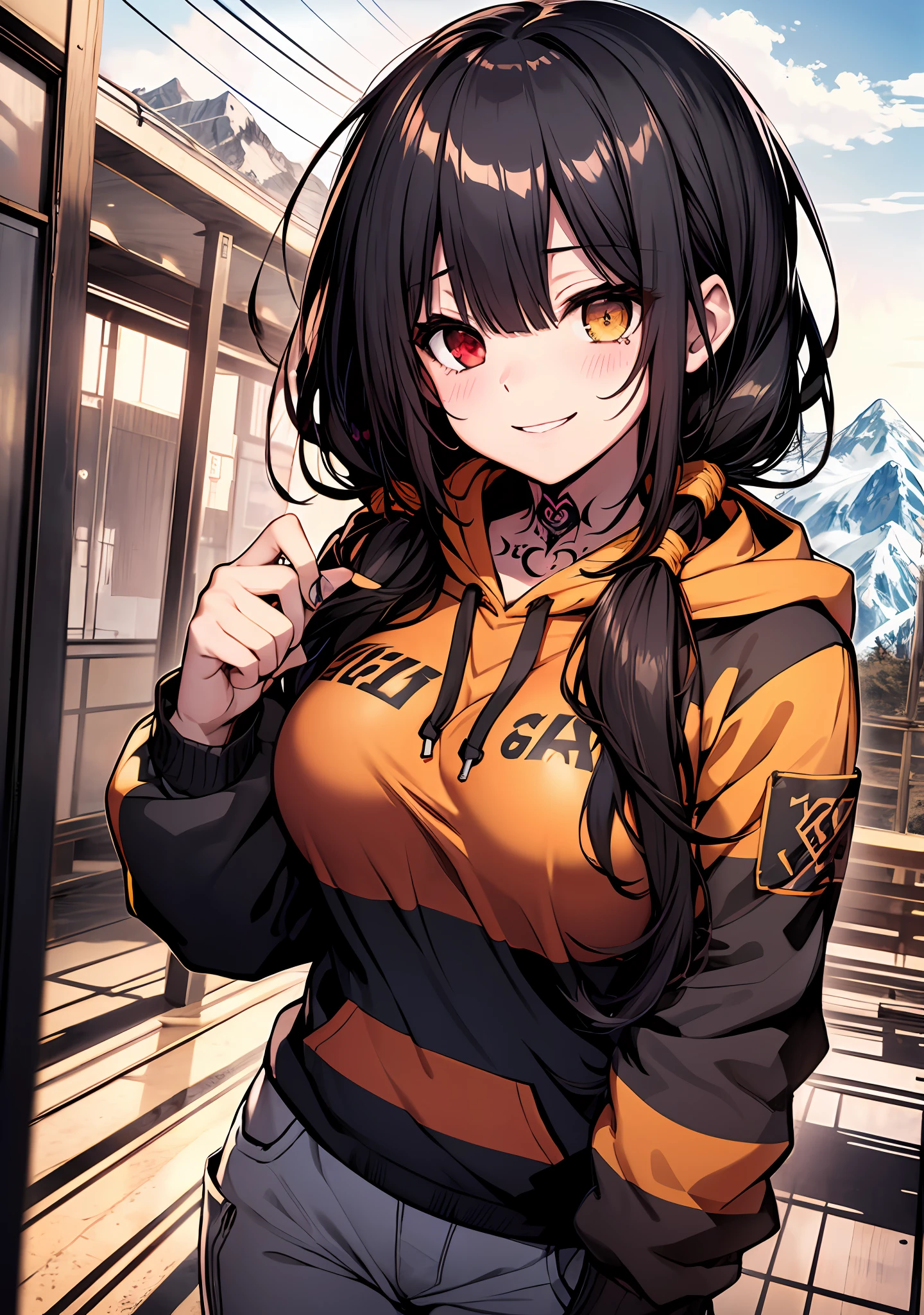 Masterpiece, high quality, ultra quality, best lighting, 1girl, ((tokisaki kurumi)), long hair, black hair, (((low twintailonochrome, ((right red eye:1, left yellow eye:1)), Hoodie, ((mini Hoodie)), hood on head, ((short pants)), ((big breast)), ((big thigh)), smile, blush, cute face, ((gesugao face)), standing, sexy body, sexy, tattooed full body, tattooed face, (((tattooed))),looking at viewer, large the breast, nsfw, (((mountain)))