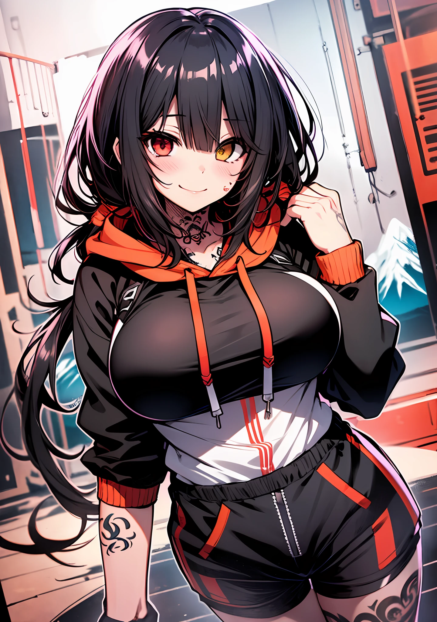 Masterpiece, high quality, ultra quality, best lighting, 1girl, ((tokisaki kurumi)), long hair, black hair, (((low twintails))), monochrome, ((right red eye:1, left yellow eye:1)), Hoodie, ((mini Hoodie)), hood on head, ((short pants)), ((big breast)), ((big thigh)), smile, blush, cute face, ((gesugao face)), standing, sexy body, sexy, tattooed full body, tattooed face, (((tattooed))),looking at viewer, large the breast, nsfw, (((mountain)))