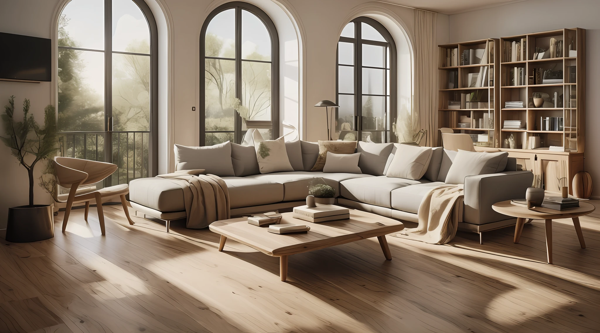 A realistic image of a modern living room with a large window and shelf. The living room has a large gray sectional sofa with cushions in different shades of yellow and gray. There is a wooden coffee table in front of the sofa with books, un plateau, et un vase dessus. To the left of the sofa, There is a gray armchair with a blanket and a potted plant next to it. The library is made of wood and is filled with books and decorative objects. Le sol est en bois clair et il y a un tapis sous la table basse. The window is arched and offers views of the trees and blue skies