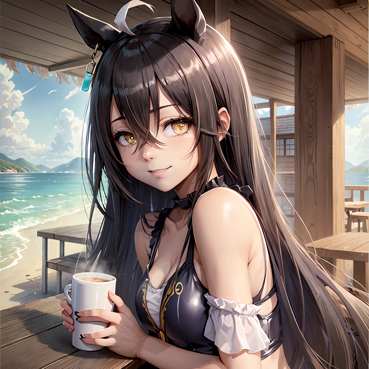 ((masutepiece, Best Quality)),(1girl,solo:1.2),Manhattan Cafe,horse girl,horse ears,hair_between_eyes,ahoge,long_hair, black_hair,yellow_eyes,(swimsuit:1.2),(ribs:1.1),small breasts,upper body,smile,sea,