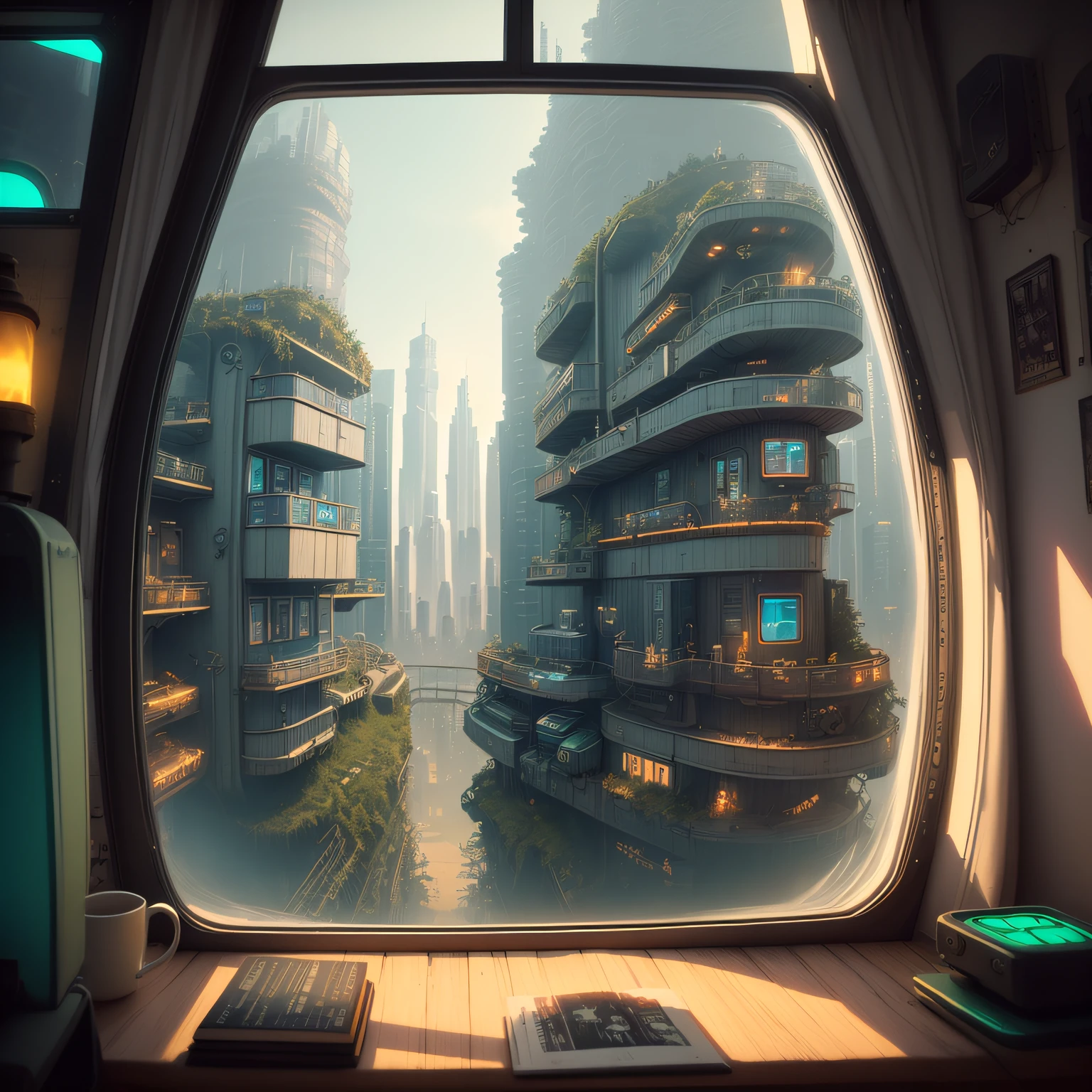 rectangular window in the center of a teenage girl&#39;s room, offering a stunning view of a futuristic city.
