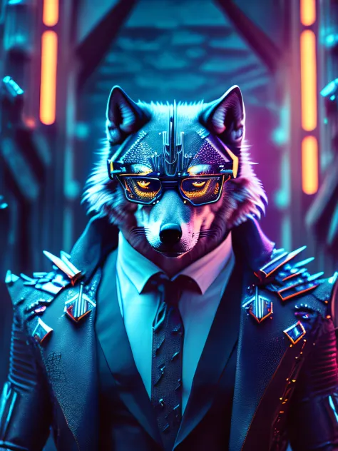 Grim portrait of a wolf in a suit and muscular glasses with intricate angular cybernetic implants inside a brutalist building, Gothic brutalist cathedral, cyberpunk, foto premiada, bokeh, neon lights, cybernetic limb
